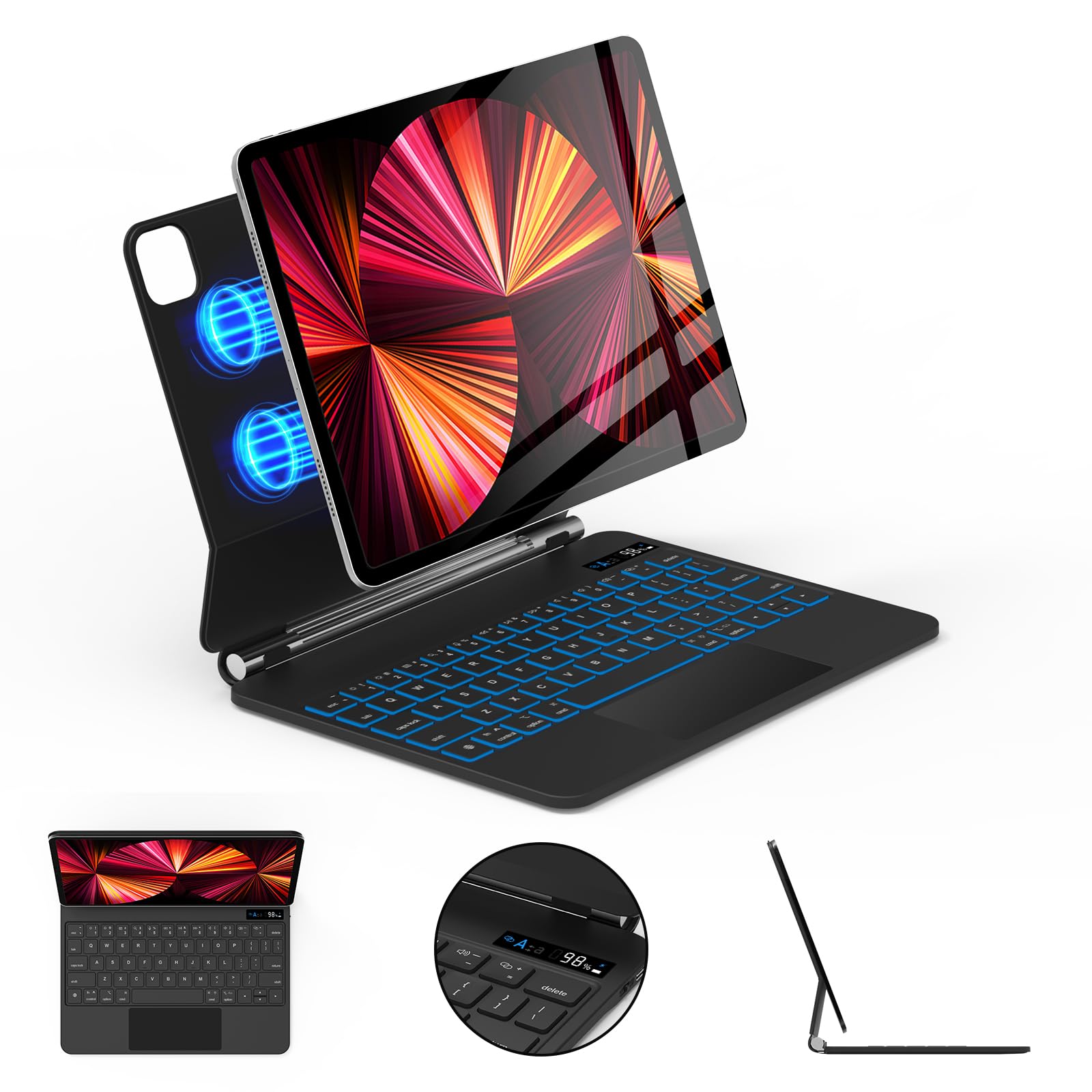 SOPPY Funda magnética con teclado para iPad Pro de 11 pulgadas 4ª/3ª/2ª/1ª (2018-2022), iPad Air 7ª/6ª/5ª/4ª, funda magnética flotante con trackpad, retroiluminación de 7 colores, pantalla de batería