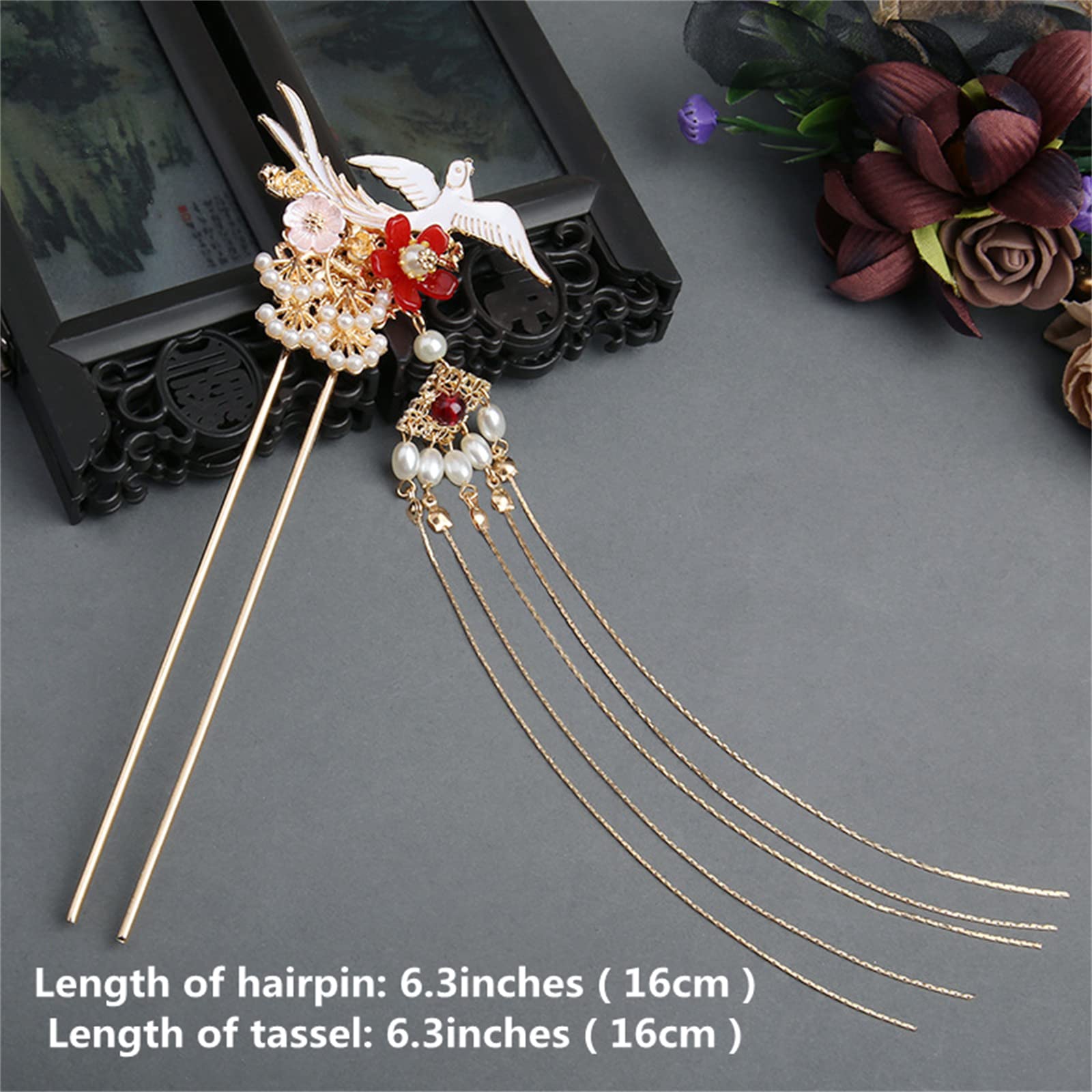 Amazon.com : Hanfu Phoenix Hairpin Gold Ancient Red Flower  display picture 3