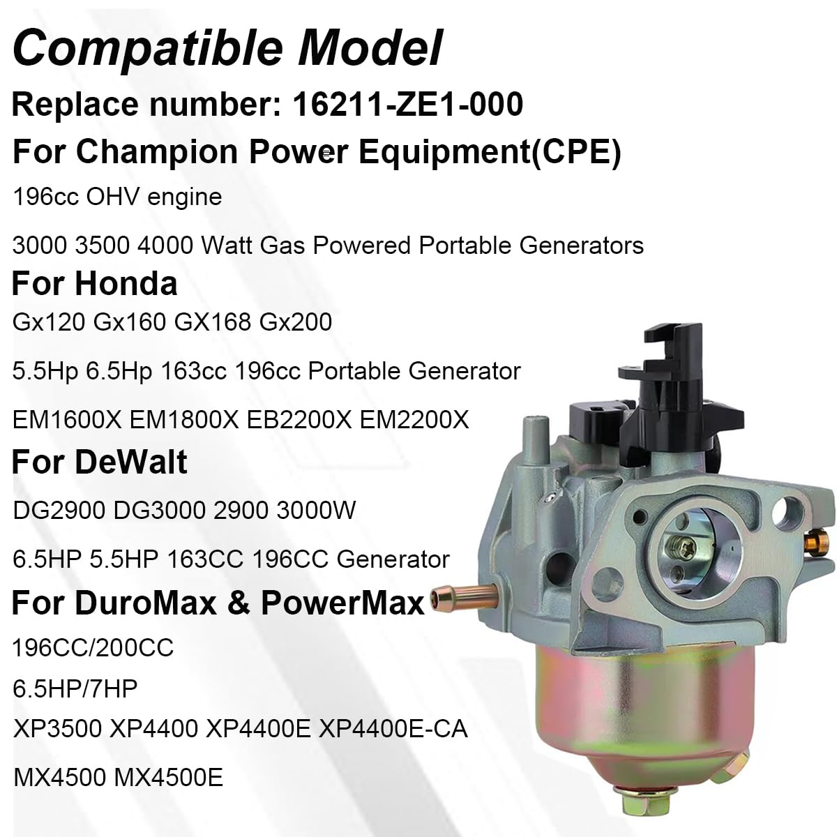 ZAMDOE GX120 212cc 196cc Carburatore per Honda GX160 GX140 GX168 GX200 5.5 6.5 CV per Il Predatori di Trasporto del Porto R210 4000 3000 3050 3200 Watts 4375 46515 46596 40026 46516 46533 Motore