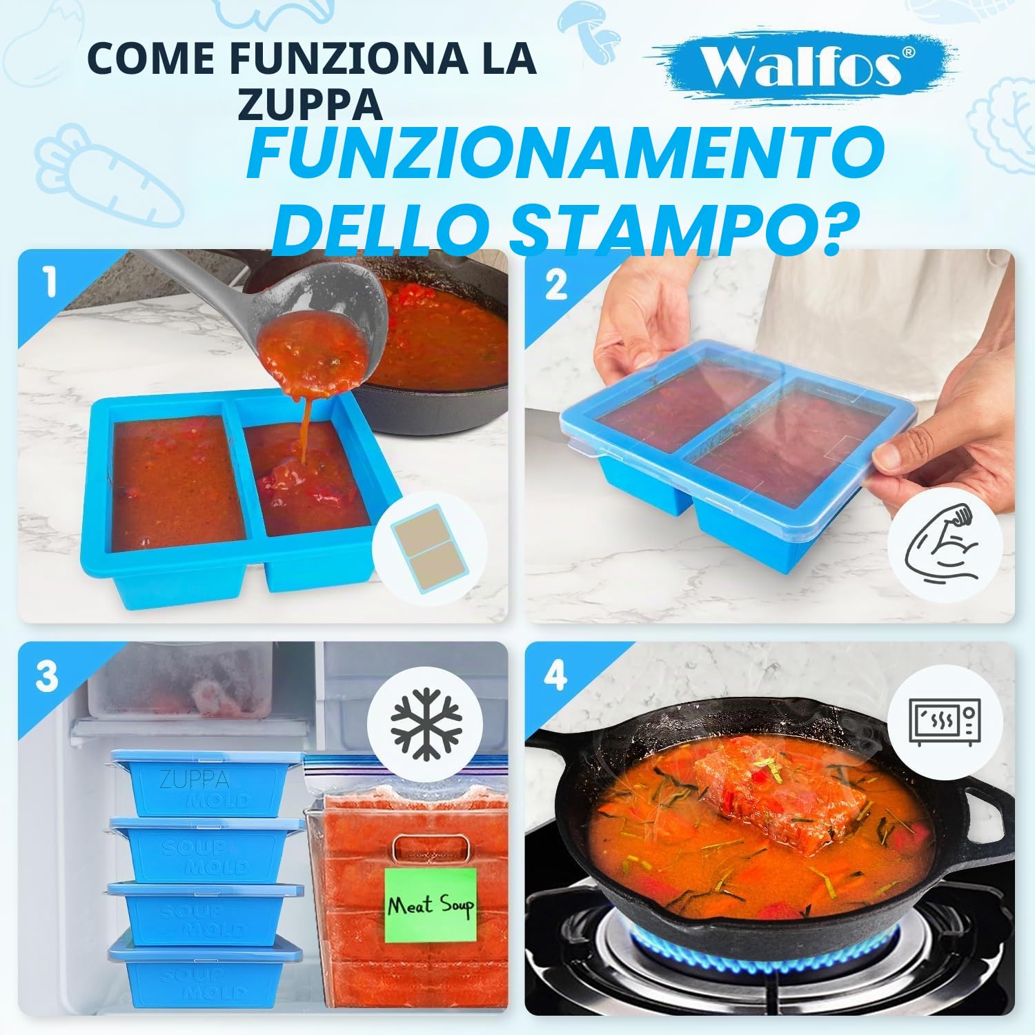 Walfos Vassoio grande in silicone da 1 tazza con coperchio, 4 confezioni di vassoi per cubetti di ghiaccio per alimenti, alimenti per bambini, contenitore per conservare e congelare zuppe, brodo,