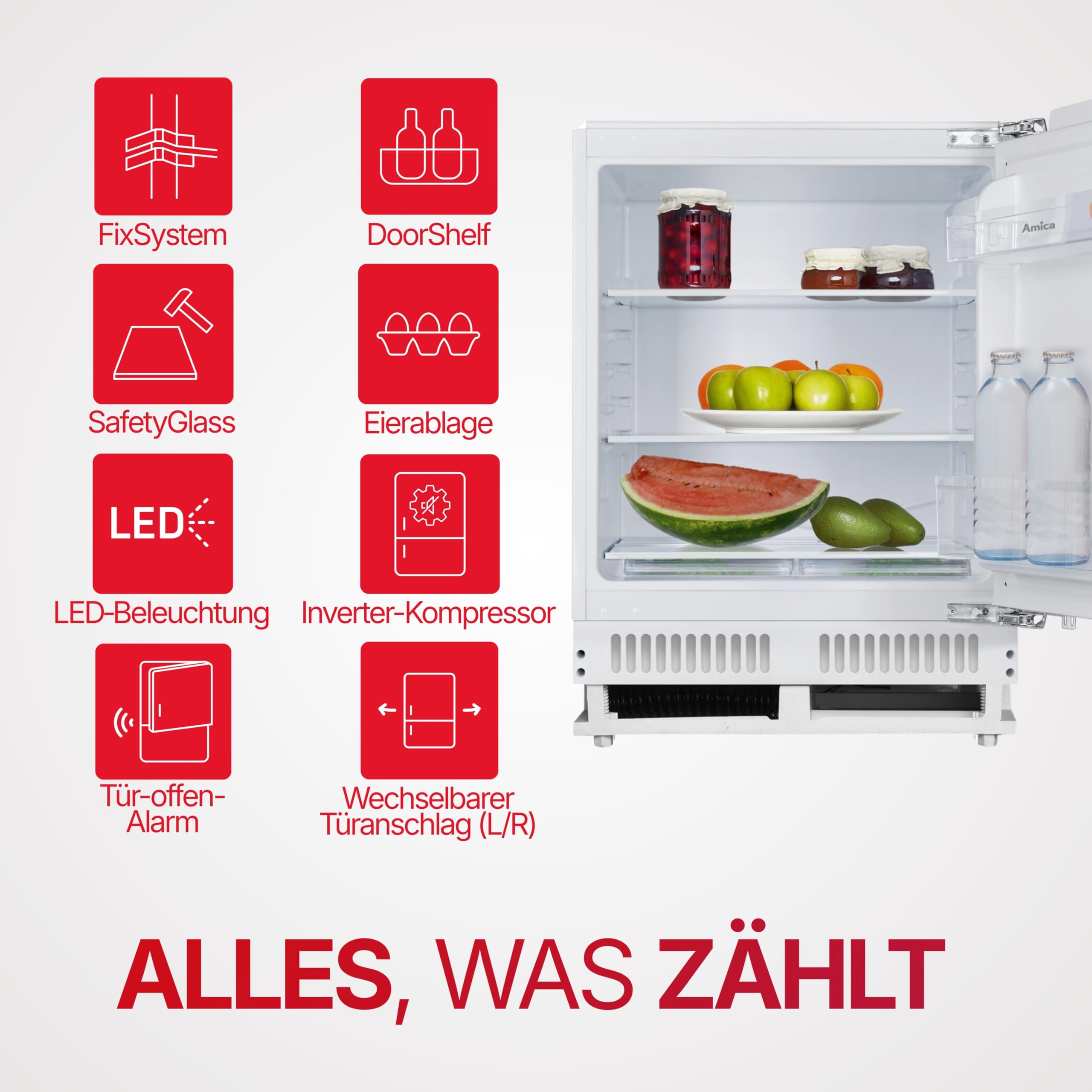 Amica Unterbau Vollraum Kühlschrank für 82 cm Nische Festtür-Technik elektronische Steuerung Inverter Kompressor Tür-Offen-Alarm