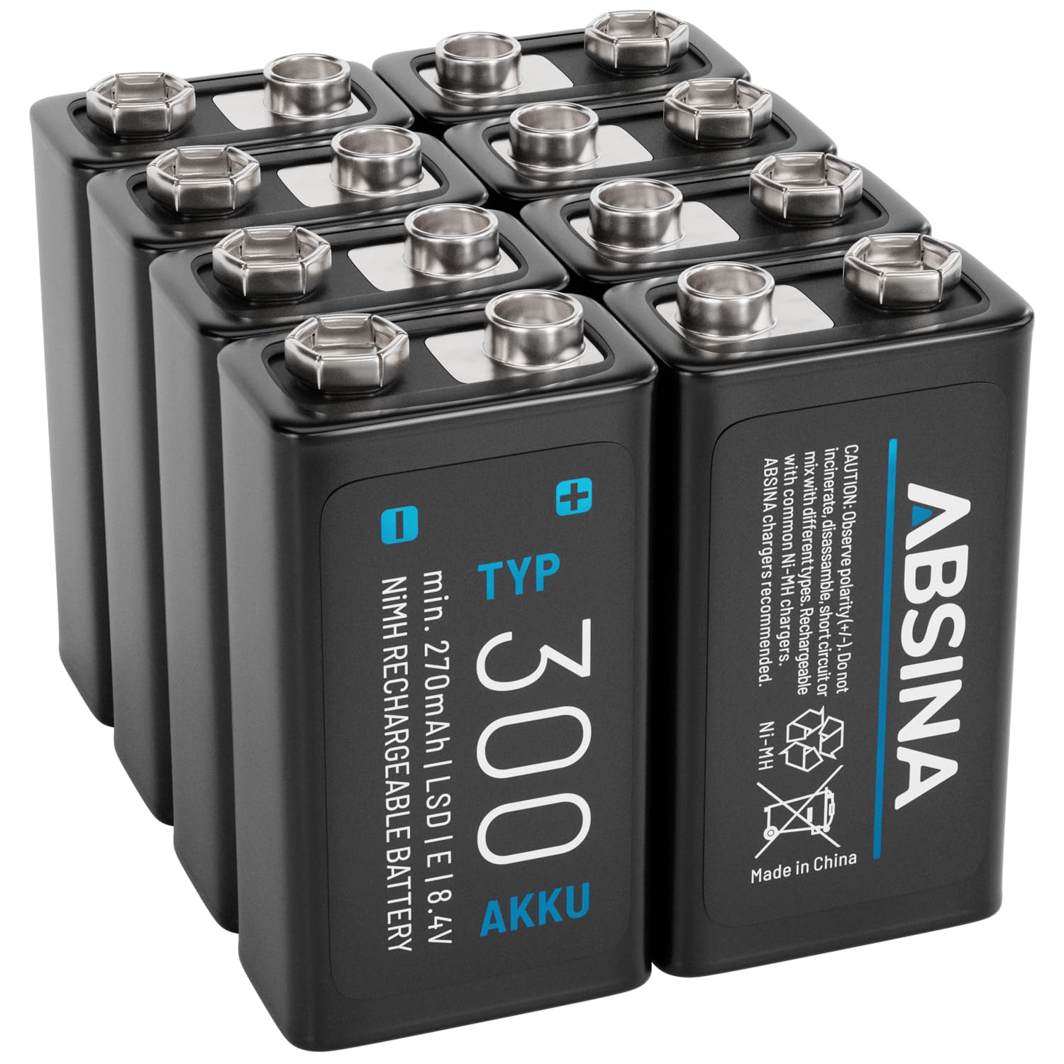 ABSINA Pilas 9V Recargables 300 con Baja Autodescarga | Paquete de 8 - Pila 9V Bloque NiMH con 8,4V y al Menos 270mAh - Bateria Recargable 6LR61 6F22