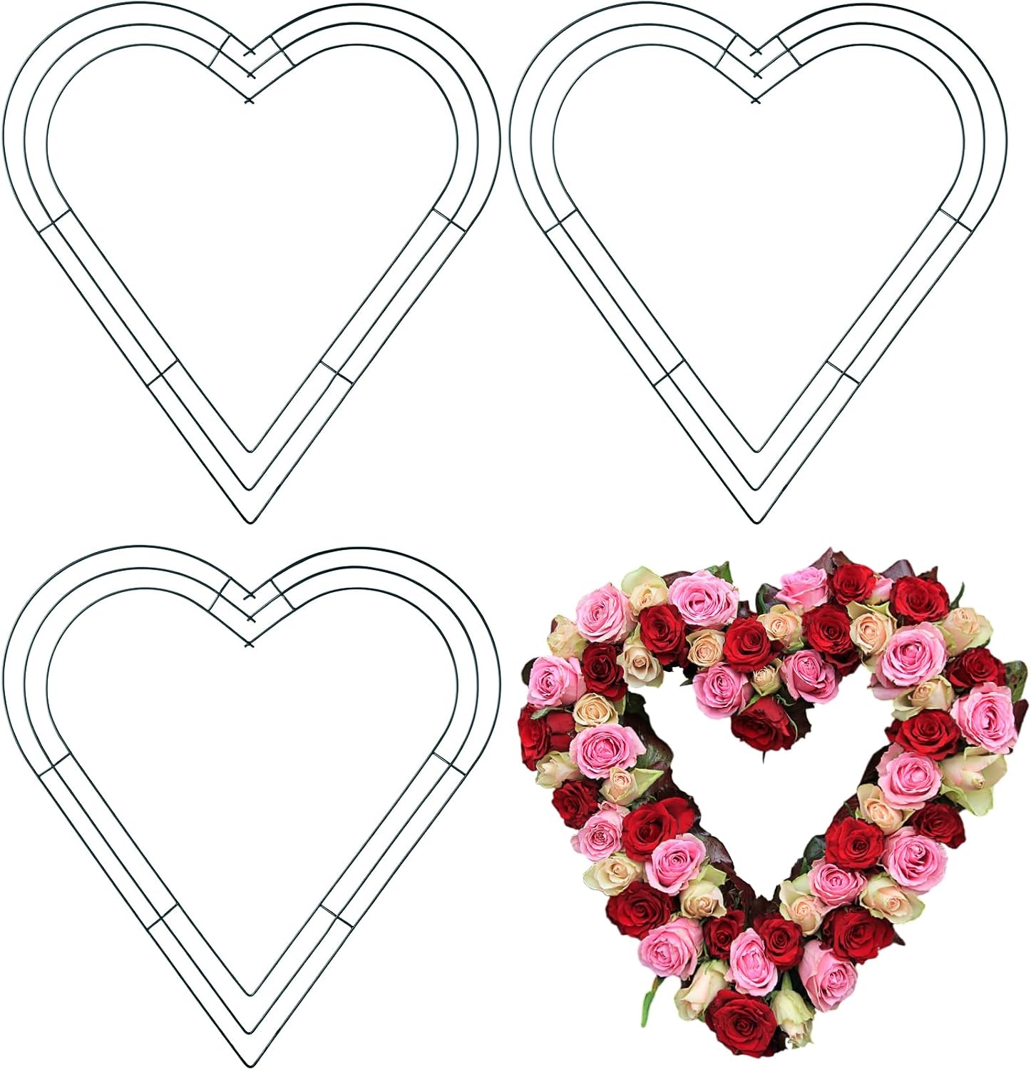 Bememo 3 Pack Valentine's Day Wire Wreath Metal Heart Shaped Frame Green Flower Wire Rings for Valentine's Day Holidays Wedding Floral Arrangements Garden Home Party Decorations