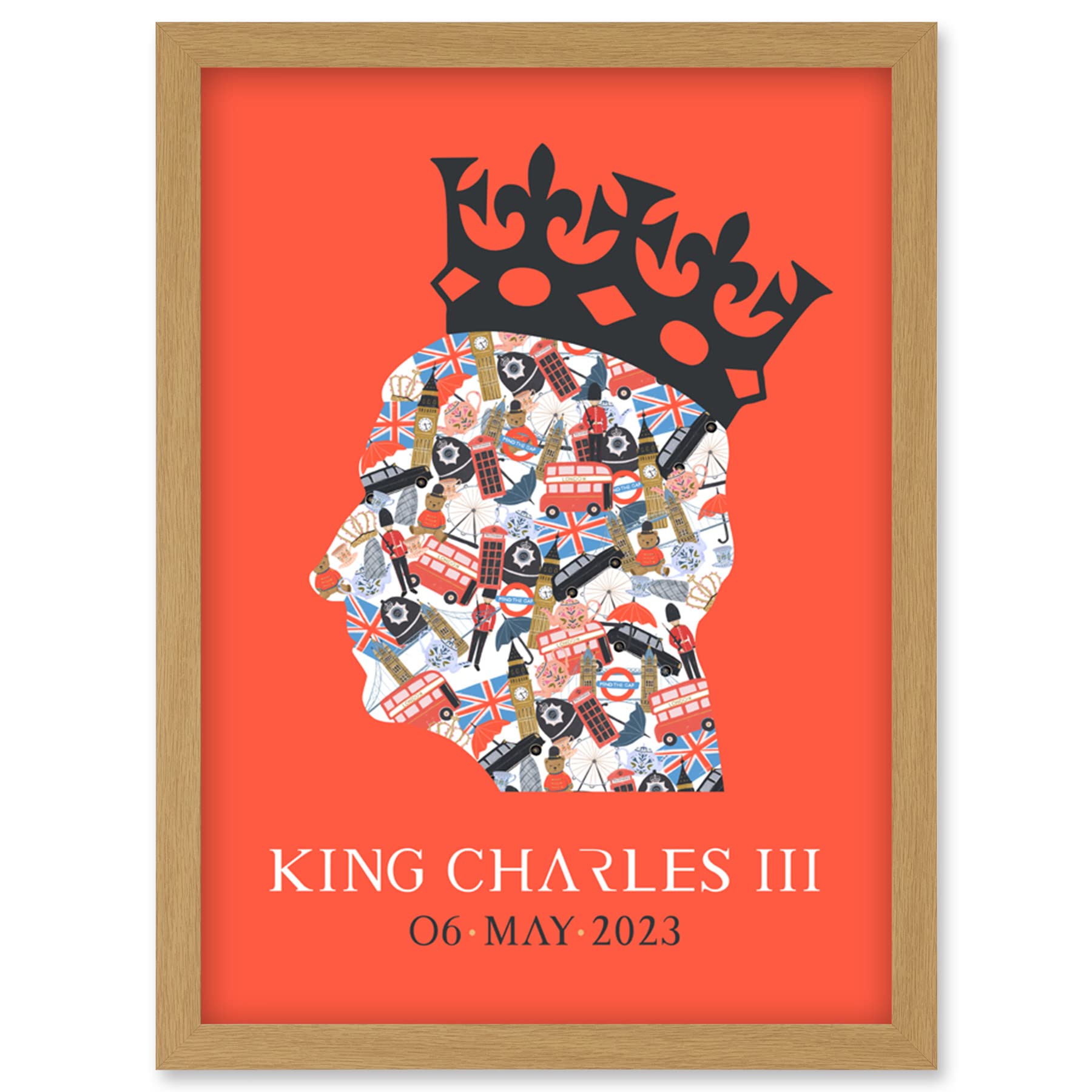 Artery8 King Charles III Coronation Date British Symbol Head Collage with Crown Red Design Artwork Framed Wall Art Print A4