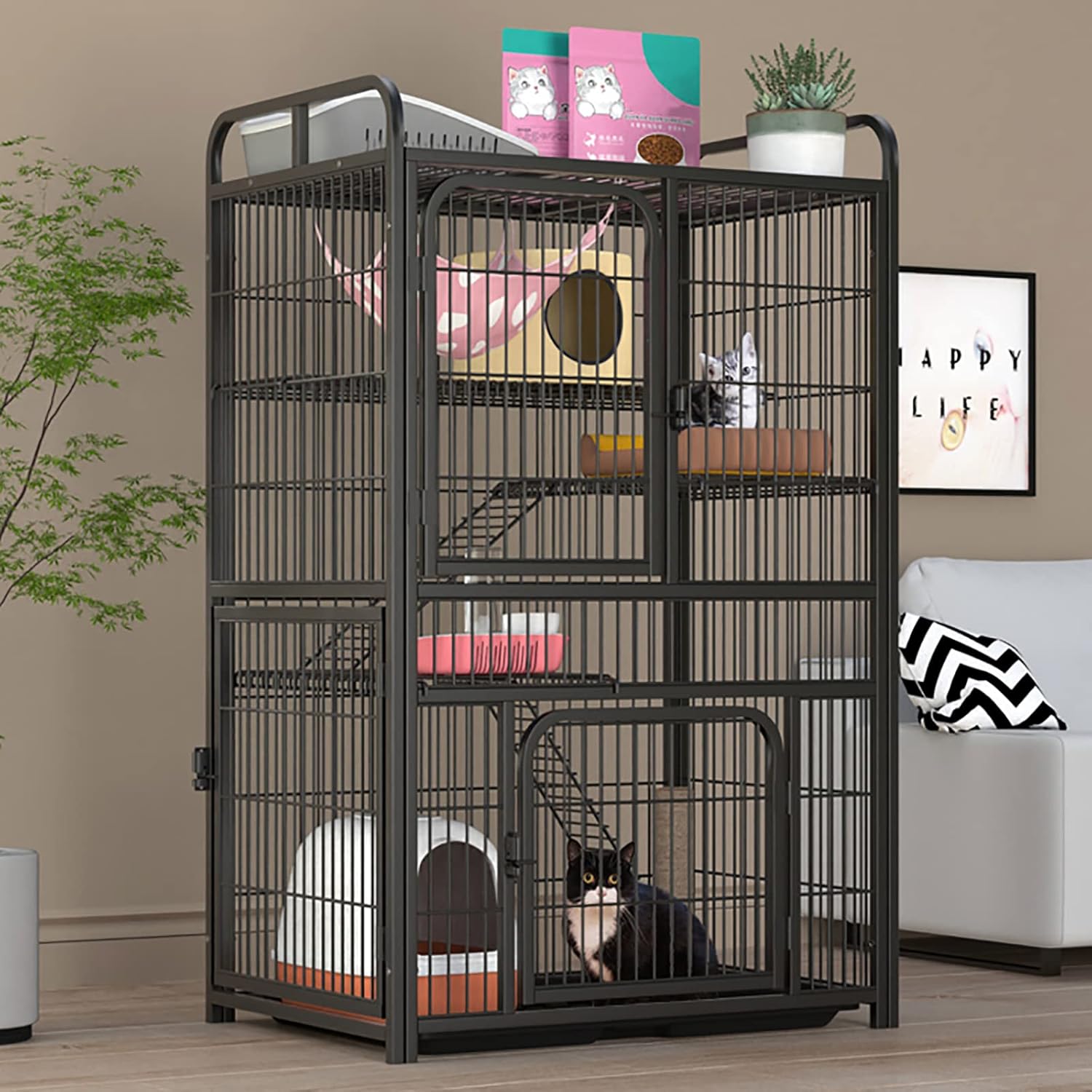 QQAA Jaula de Gato Grande, Corralito para Gatos de Interior, Jaula para Gatos de Alambre de Metal, Jaula para Animales Pequeños con Estante Superior, Plataforma, Hamaca y Escalera