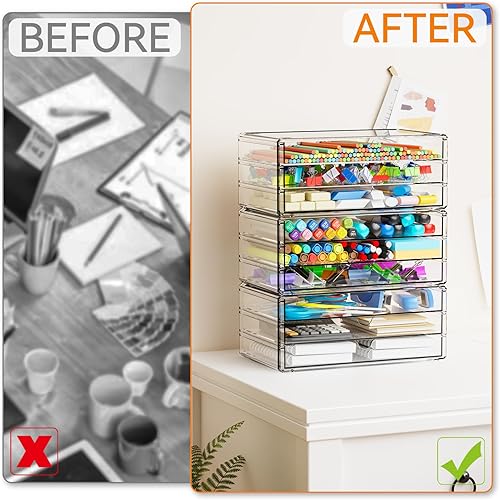 Miniatura 7 de Yieach Organizadores de cajones transparentes apilables de 11.1 pulgadas de largo, paquete de 3 cajones acrílicos pequeños, escuela, organizador de