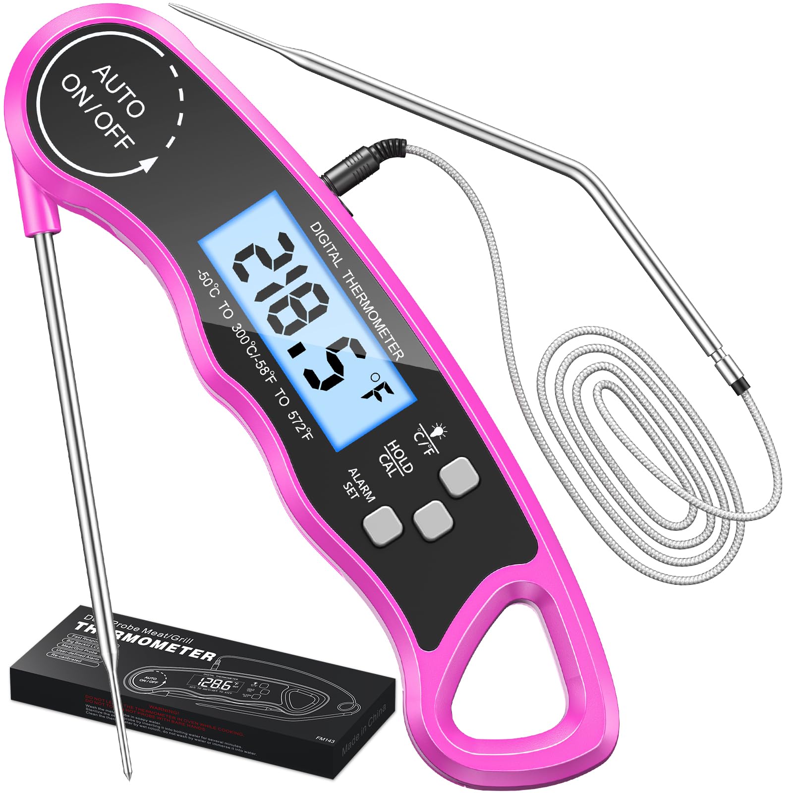 CIRYCASE Termometro Cucina Lettura Rapida, Doppia Sonda 102cm Termometri Alimenti Digitale, Termometro Barbecue Luce & Calibrazione, Magnete sound Utensili Cucina Campeggio Grill Cottura/BBQ/Latte