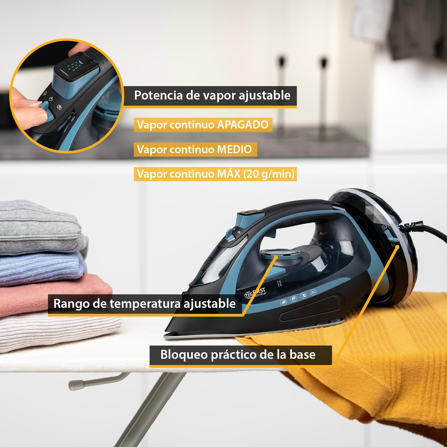TZS First Austria - Plancha de vapor sin cable con estación 2400W - Con depósito de 450 ml, sistema antigoteo, temperatura e intensidad regulable y suela de cerámica - Con vapor vertical