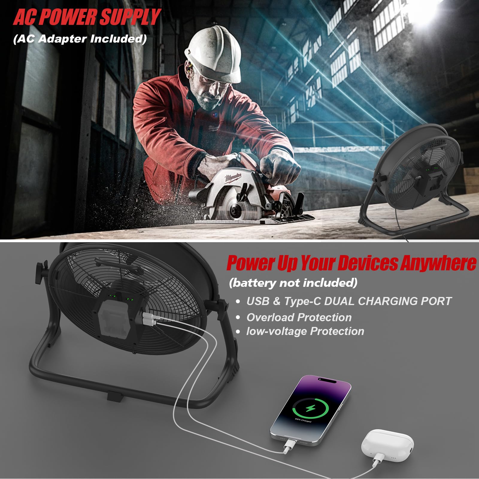 Ventilador de Suelo compatible con Batería Milwaukee 18V M18, 12 Pulgadas, Inalámbrico, Silencioso, Alimentado por Red, USB, Velocidad Regulable para Obra, Taller, Camping (sin batería)