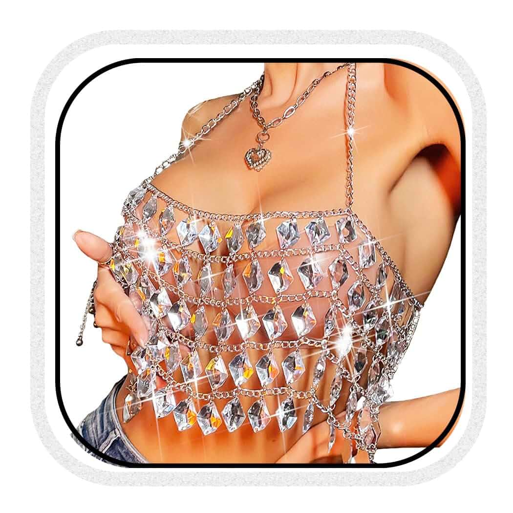 BODIY Rhinestone Body Chain Tops Crystal Halter Crop Tops Silver Bikini Chain Bra Body Accessories for Women
