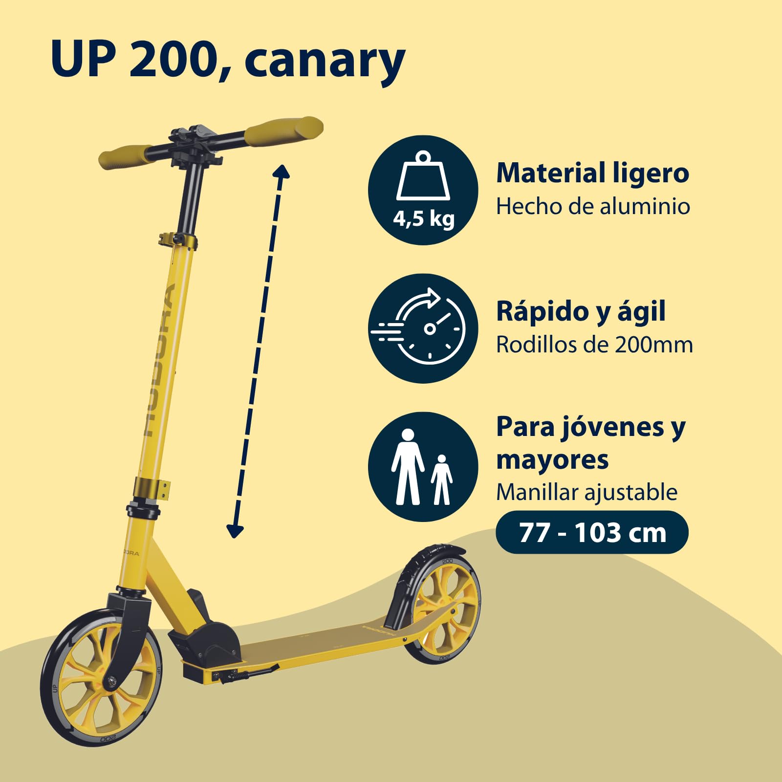 HUDORA Scooter Up 200 - Patinete de Aluminio silencioso para hasta 100 kg - Ajustable en Altura y Plegable - Patinete sin Vibraciones para niños, Adolescentes y Adultos