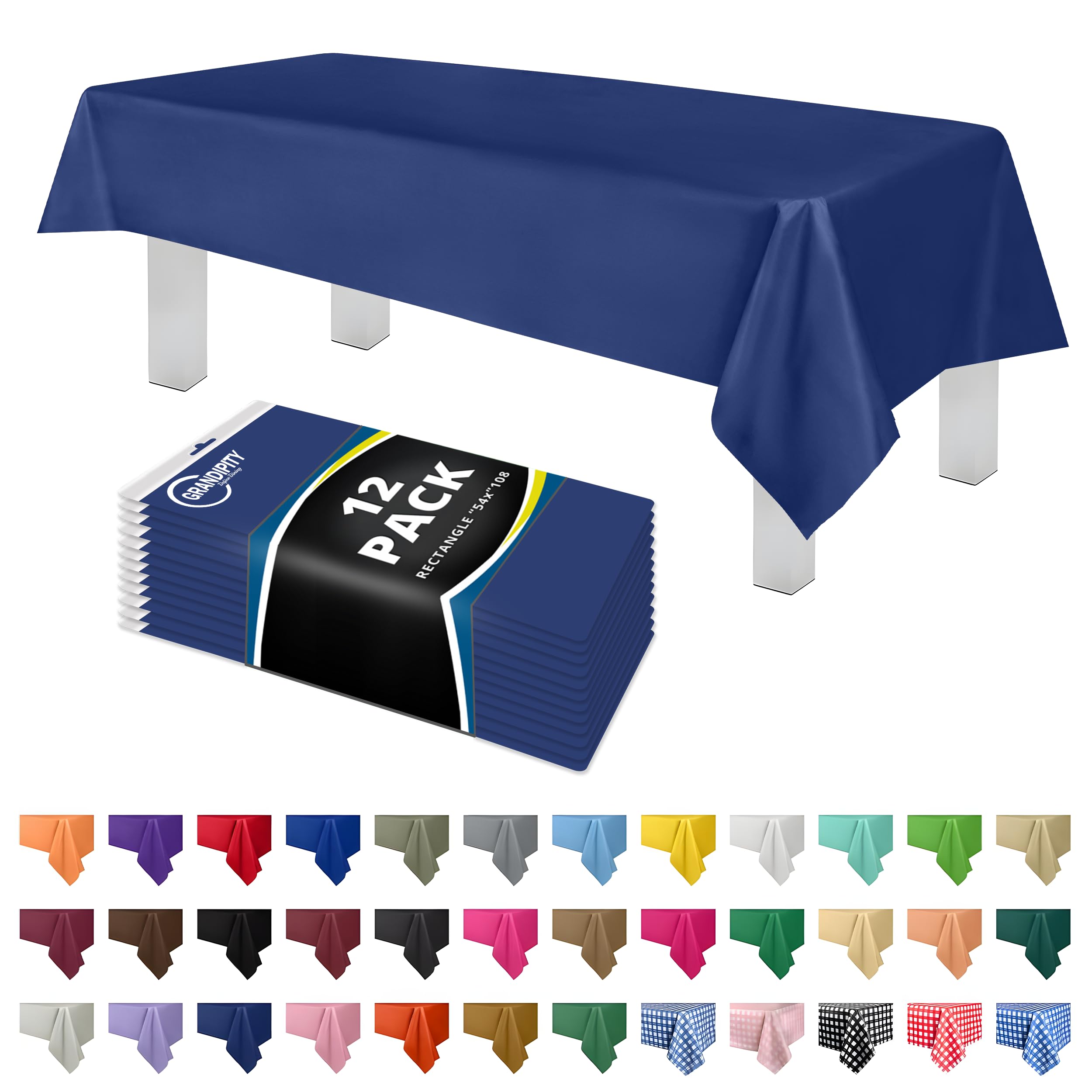 Grandipity 12 Pack Premium Disposable Plastic Tablecloth 54 Inch. x 108 Inch. Decorative Rectangle Table Cover - Navy Blue