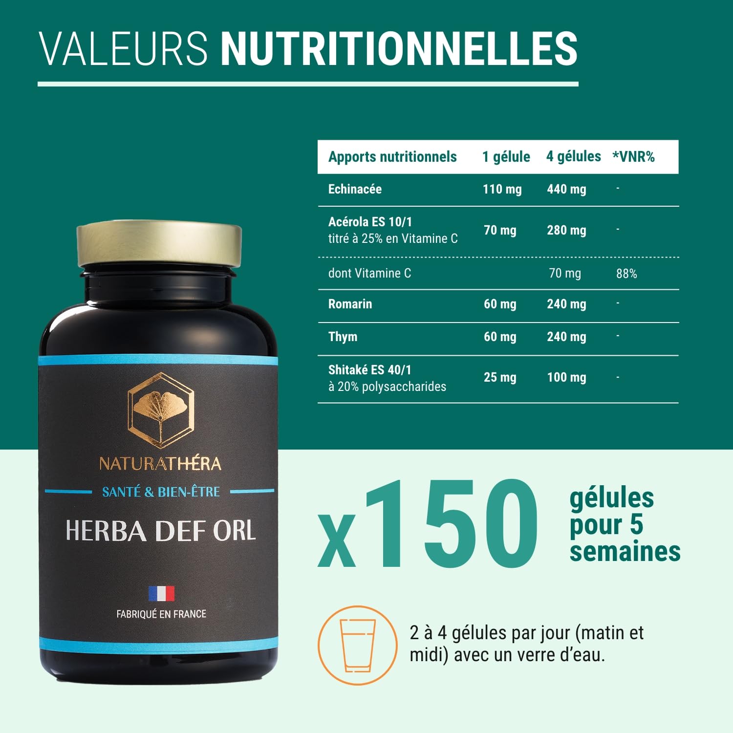 HERBA DEF ORL - Booster Immunité - Complément Alimentaire Défenses - Virus Rhume Otite Sinusite - Extraits Secs - 150 Gélules - Fabriqué en France - Vegan - Sans Additifs Allergènes OGM