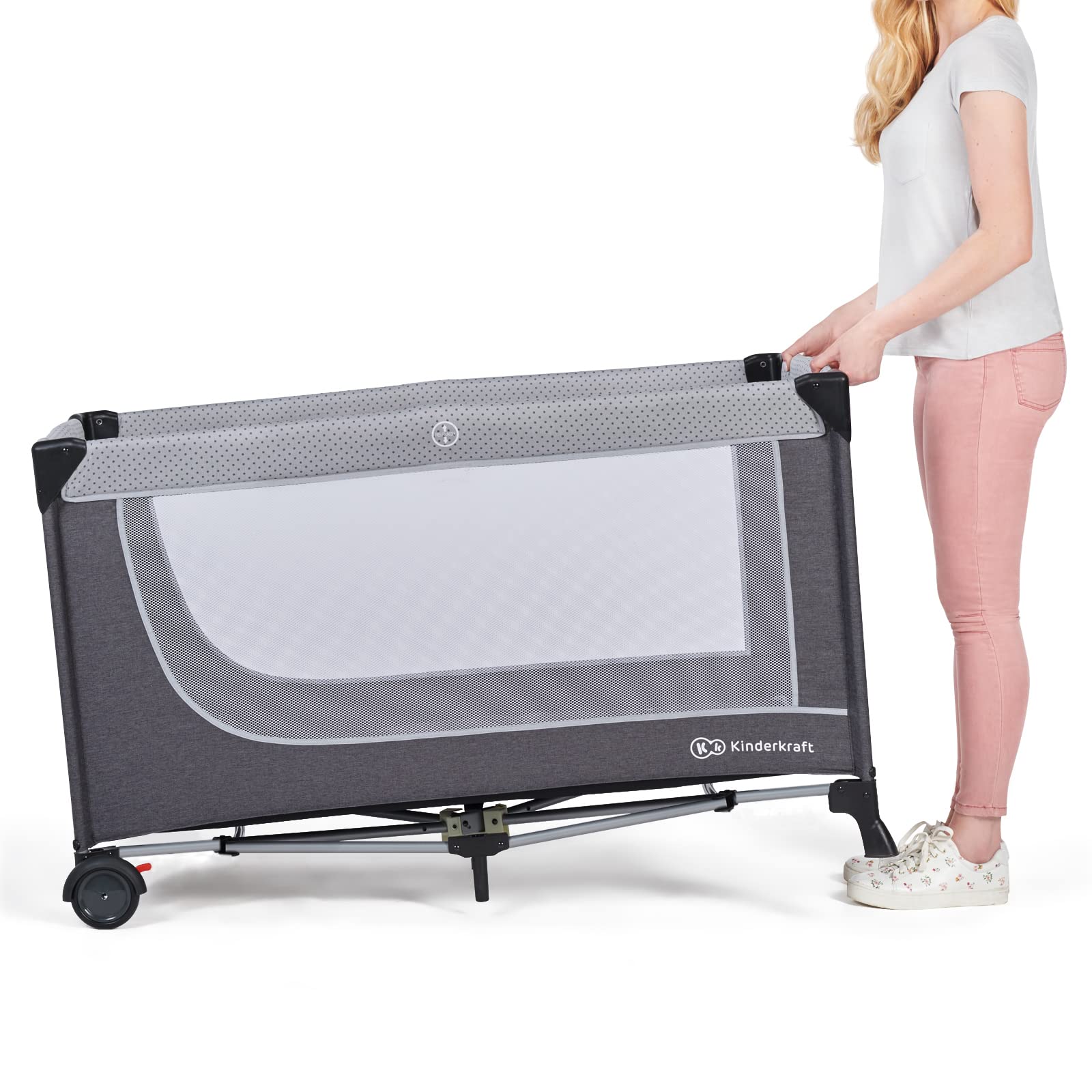 Kinderkraft LEODY Reisebett Baby mit Schlaffläche 120 x 60 cm, Mobile mit Melodien Lichtern und Spielsachen, Höhenverstellbar, schnelle Zusammenklappen, Luftzirkulation, Transporttasche, Grau