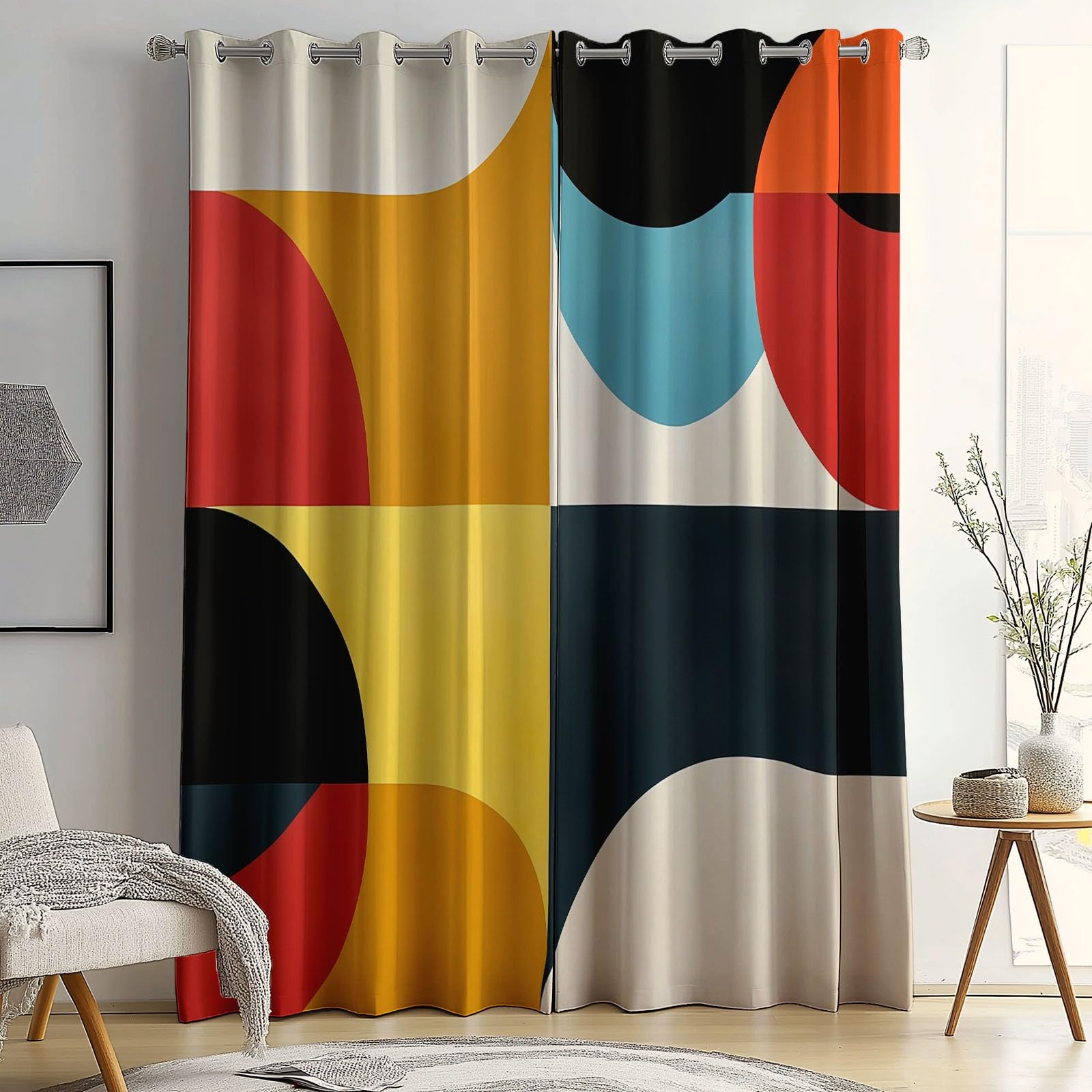 Cortinas Opacas Color Cortina Dormitorio para Ventana, Minimalismo Bloques de Color geométricos Modernas Juvenil Infantil Termica Aislante Cortinas 3D Estampadas 140An x 175Al cm (2 Paneles)