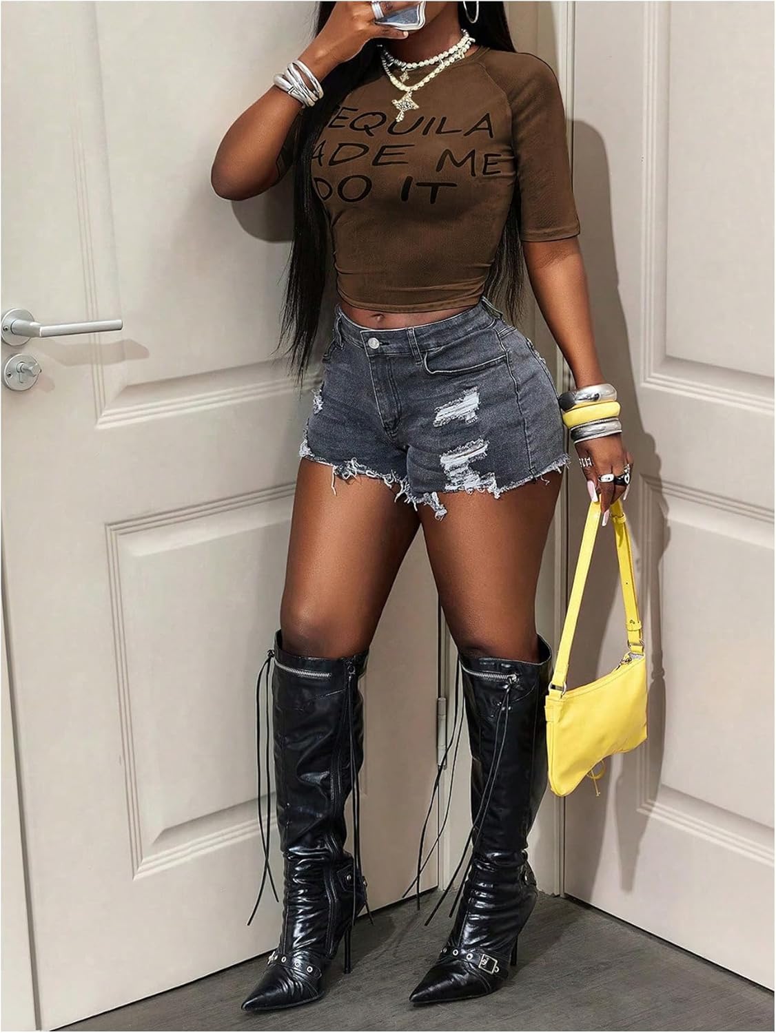 Women's Sheer Mesh Letter Graphic Tees Short Sleeve Crew Neck Y2K Vintage Crop Tops Going Out T Shirt - Image 5