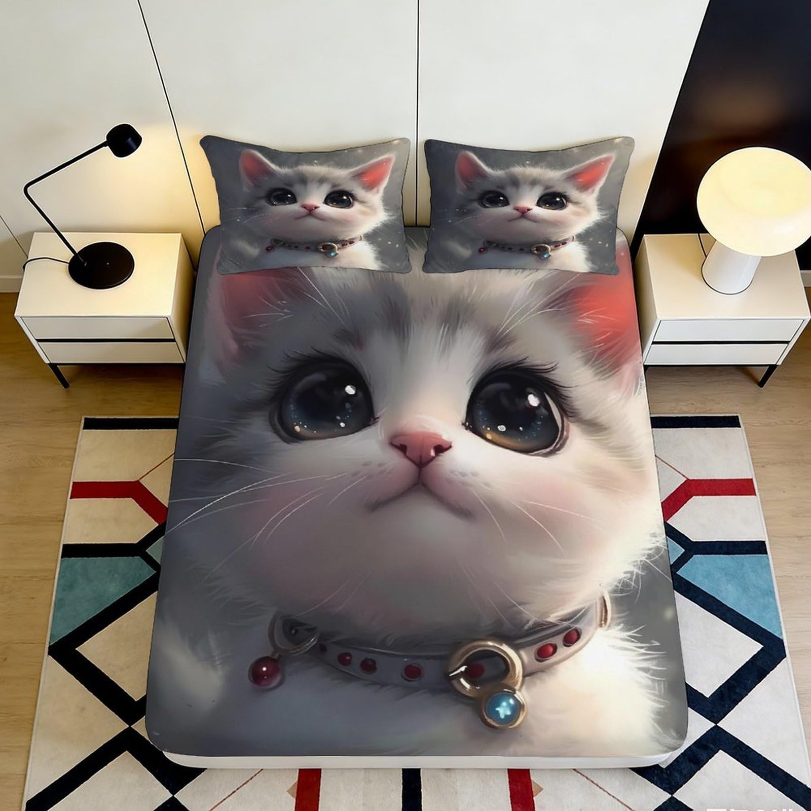 3D Printed Cute Cat Fitted Sheet Microfiber Soft Cartoon Kitten Mattress Cover for Bedroom Guest Room Easy Care 90x200x25cm