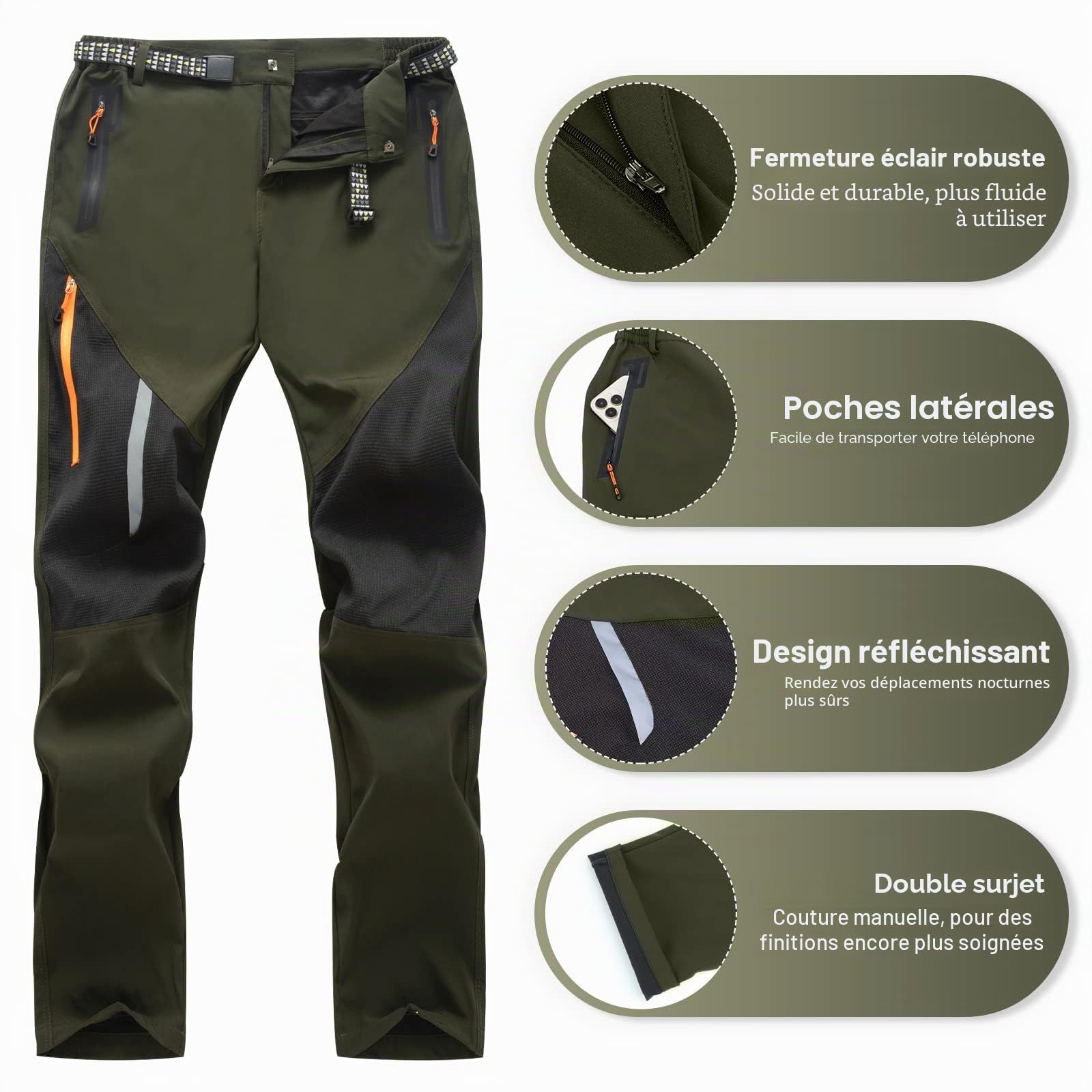 Pantalons de Randonnée pour Hommes, Pantalons de Marche Légers et Secs, Pantalons Extérieurs Respirants et Imperméables pour Hommes avec Poches Zippées