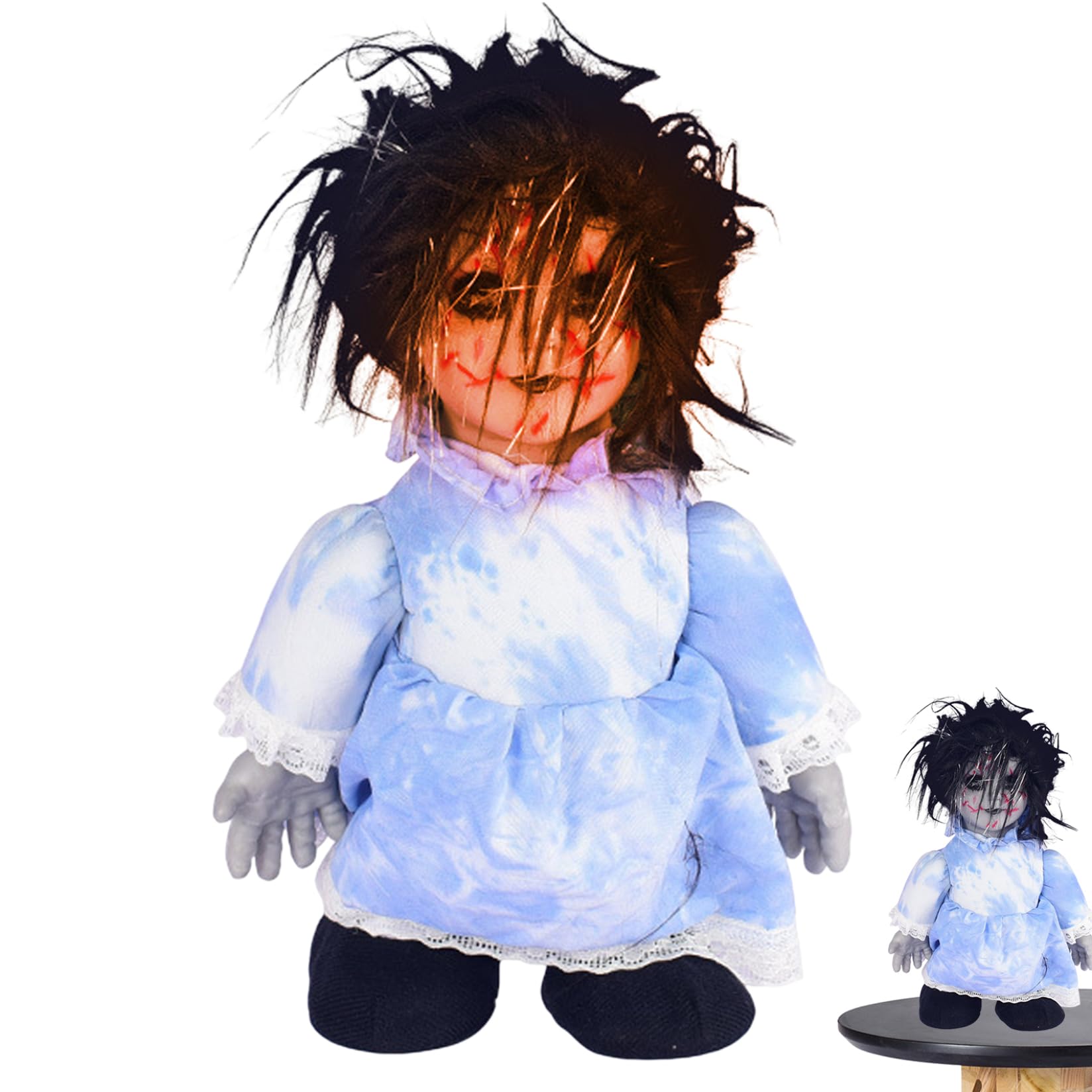 DAGLLGEW Halloween Scary Doll 13.39x7.48inch Voice-activated Battery Powered Creepy Dolls Halloween Prop for Party Haunted House, Battery Not Included, BlueHorror DollsScary Baby DollHaunted Doll