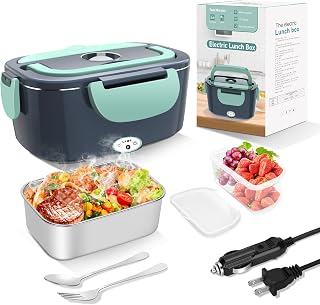 HOLDRUBY 80W Electric Heated Lunch Box for Car/Truck/Office - 1.5L Leak-Proof Stainless Steel, 12/24/110V Portable Food Warmer w/ Bag, Fork & Spoon (Grey/Green)