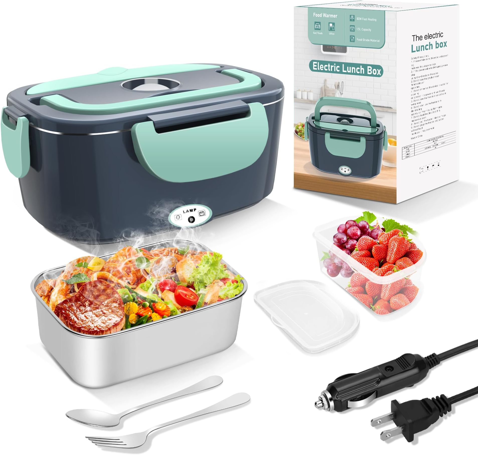 Electric Heated Lunch Box for Adults:80W Electric Heated Food Lunch Box 12/24/110V 1.5L for Car Truck Office Stainless Steel Container