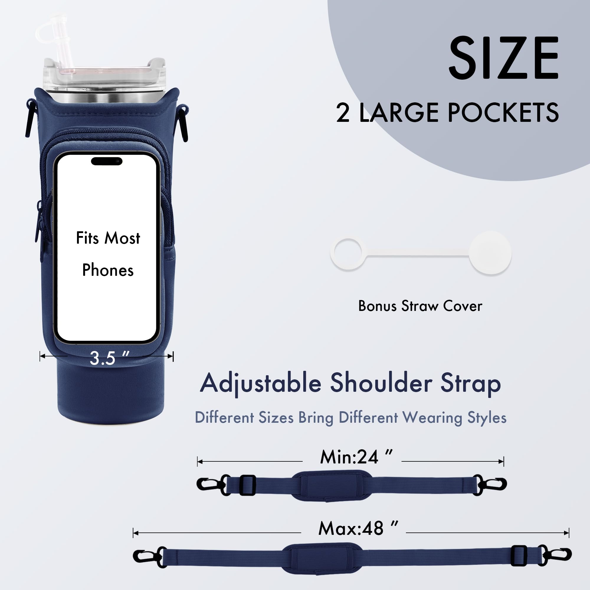 JEBEALUO Water Bottle Carrier Bag with Phone Pocket for Stanley Cup 40/30 oz, Water Bottle Holder with Adjustable Strap& Straw Cover, Stanley Cup Accessories