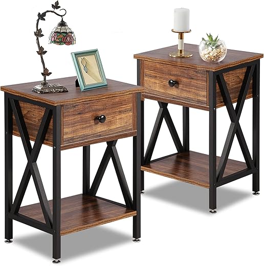 VECELO Nightstands Set of 2, Modern Bedside End Tables, Night Stands with Drawer and Storage Shelf for Living Room Bedroom, Industrial Metal Frame, Brown