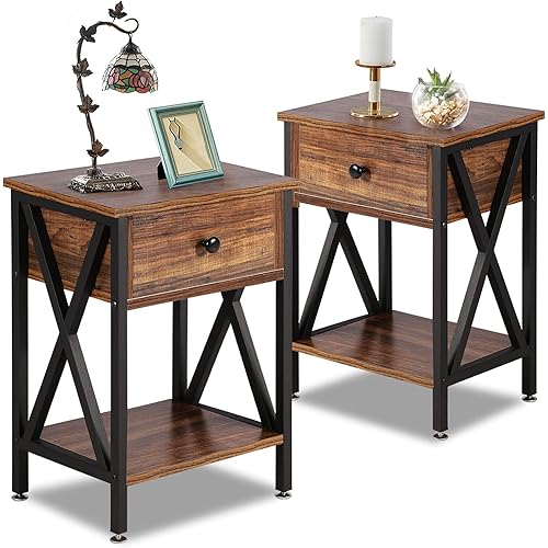 VECELO Nightstands Set of 2, Modern Bedside End Tables, Night Stands with Drawer and Storage Shelf for Living Room Bedroom, Industrial Metal Frame