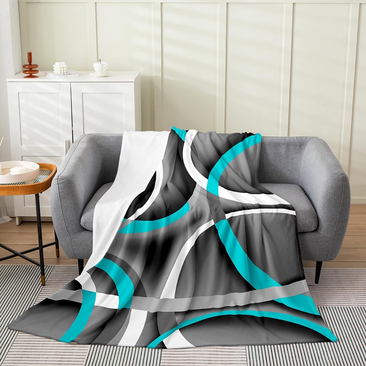 Gray Black Blue Swirls Flannel Blanket for Boys Girls Kids Super Soft Warm Retro Circle Stripes Fleece Blanket Modern Abstract Throw Blankets Modern Simple Bed Blanket Gifts for Teens(Queen 90"x90")