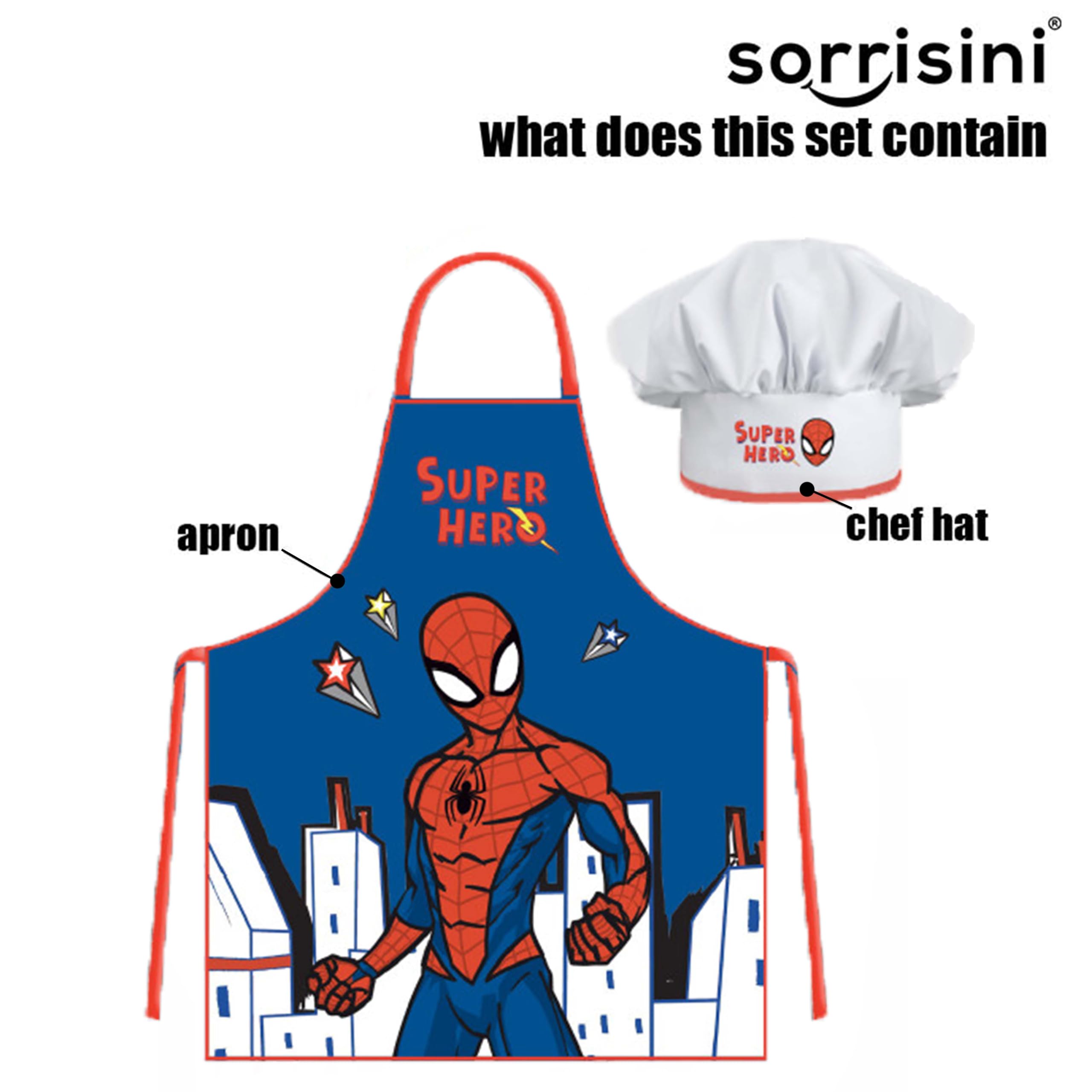 Fartuch kuchenny dla dzieci, Kapelusz szefa kuchni dla dzieci, Fartuch i regulowany kapelusz szefa kuchni do gotowania, Pieczenia lub malowania, Spiderman City