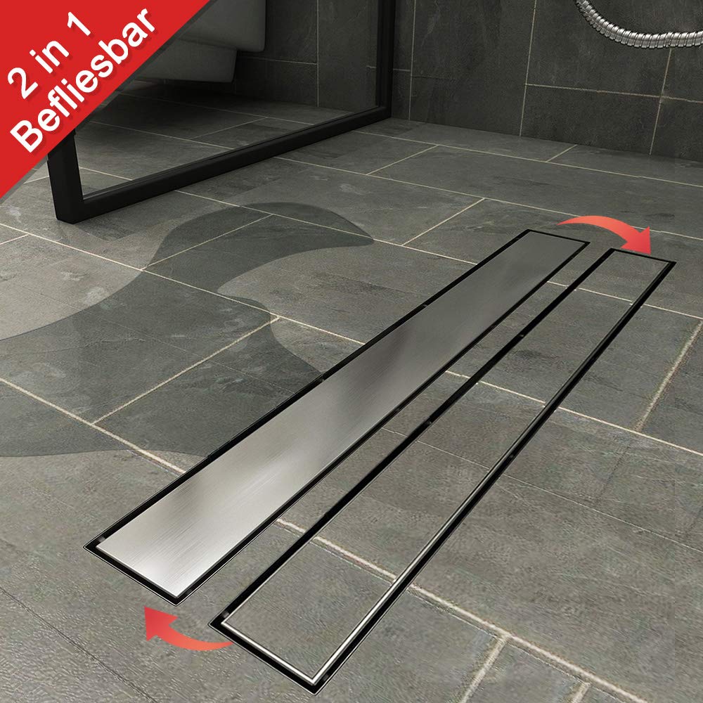 Sunnyshower Dwustronna rynna prysznicowa 140 cm, odpływ podłogowy, płaski, z blokadą zapachów i sitkiem na włosy, odpływ krawędziowy, 2 w 1, ze stali nierdzewnej, kompletny zestaw z mocowaniem do podłogi