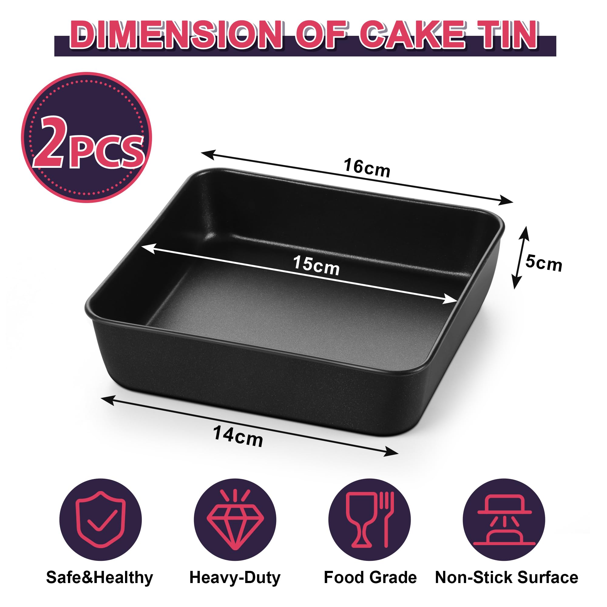 Joyfair 6 Inch Square Cake Tin Set of 2, Stainless Steel Cake Mould with Non-Stick Surface - Image 2