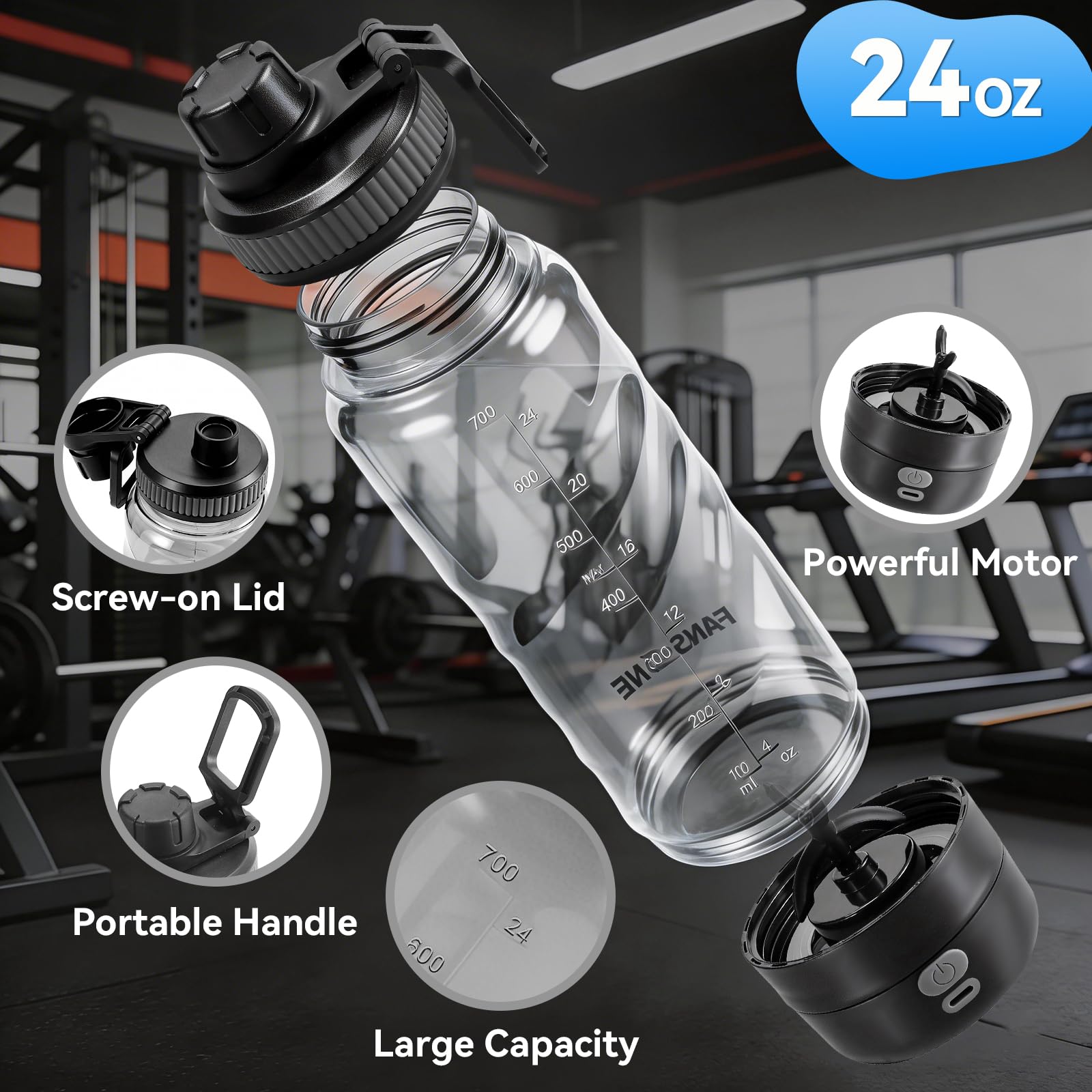 FANS-ONE Elektrische Protein-Shaker-Flasche, 680 ml, wiederaufladbarer elektrischer Mixer, Shaker-Becher für Protein-Shakes und Mahlzeitenersatz, tragbarer Mixer, selbstmischender Becher für