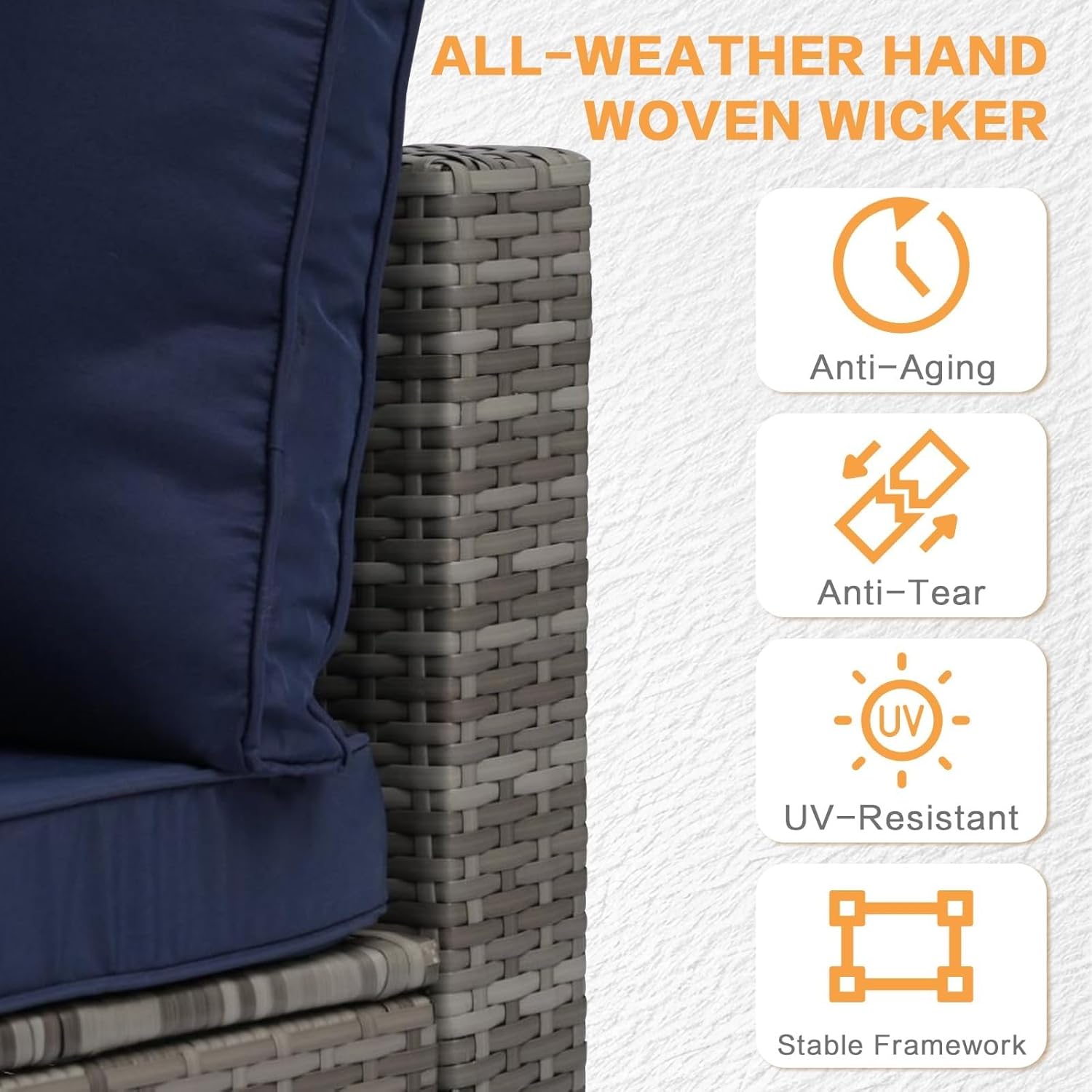 7 Pieces Outdoor Patio Furniture Sets All-Weather Sectional Sofa Grey PE Rattan Wicker Conversation Set with Glass Table for Backyard Porch Balcony Poolside Garden