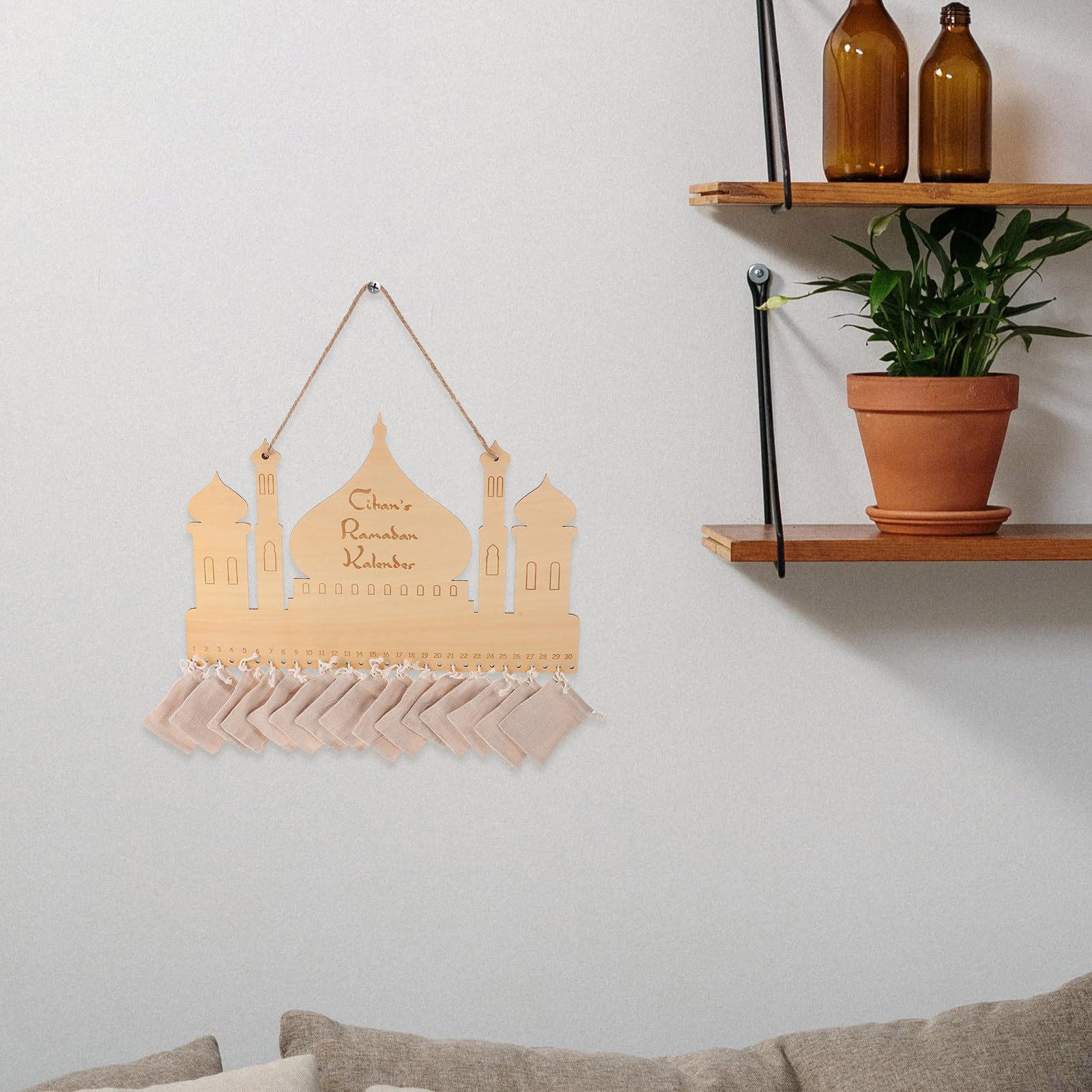 FRCOLOR Ramadan Kalender mit 30 Taschen aus Mdf und Baumwoll Leinen Interaktiver Eid Mubarak Countdown für Rustikale Wanddekoration im Exklusiven Orientalischen Schloss Design