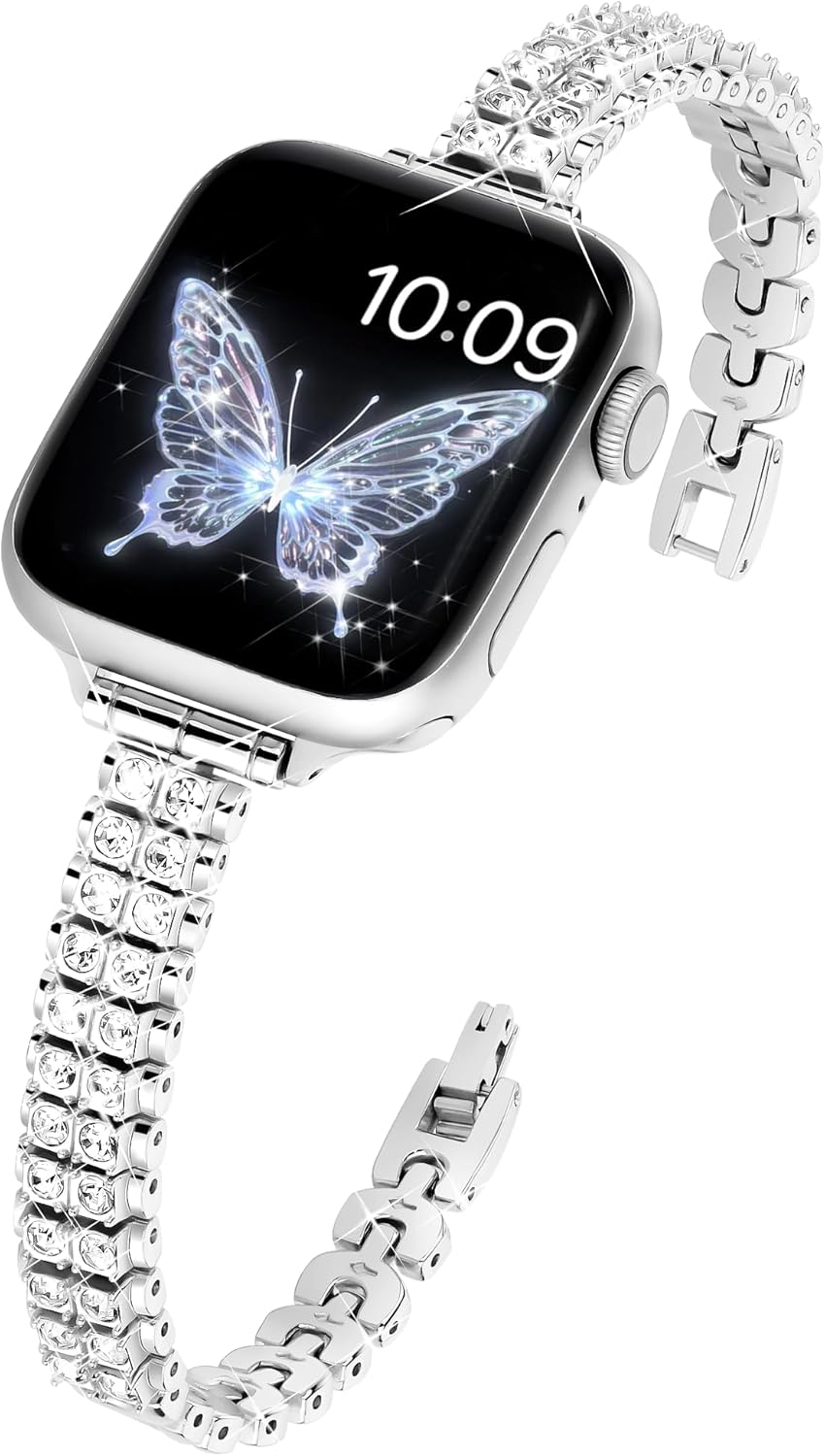 Slim Bling Band Compatible with Apple Watch Bands for Women 38mm 40mm 41mm 42mm 44mm 45mm 46mm 49mm, Diamond Metal Apple Watch Band for iWatch Series 11 10 9 8 7 SE 6 5 4 3 2 1, Ultra 3 Ultra2 Ultra