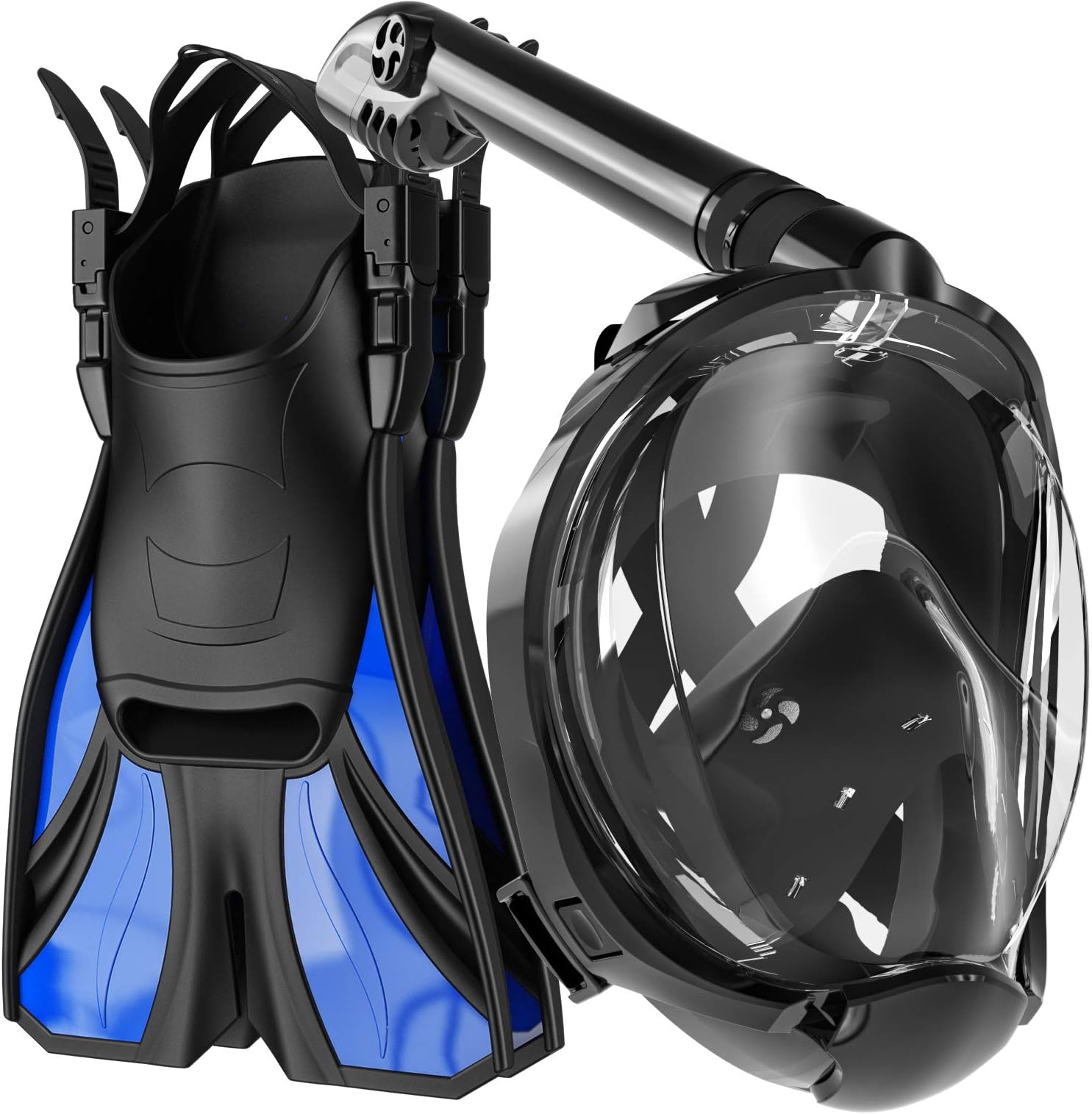 cozia design Snorkel Set Adult - Full Face Snorkel Mask and Adjustable Swim Fins , 180° Panoramic View Scuba Mask, Anti Fog and Anti Leak Snorkeling Gear