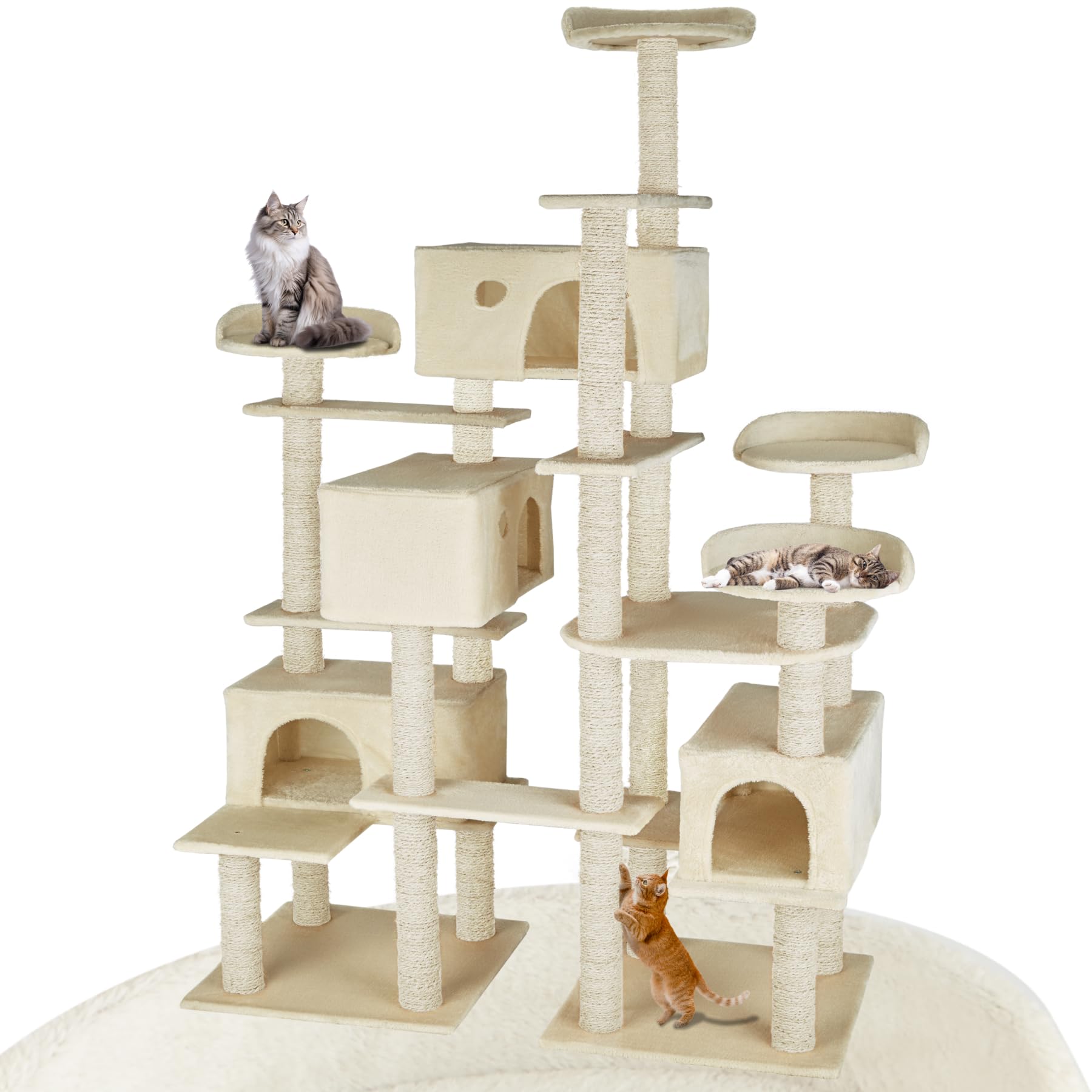 tectake® Multi-Level Cat Tree with Sisal Scratching Posts, 4 Perches & 4 Cosy Houses, Robust Structure with 2 Sturdy Bases & Anti-Tip Protection - 214 cm Cat Tower for Cats & Kittens - Beige