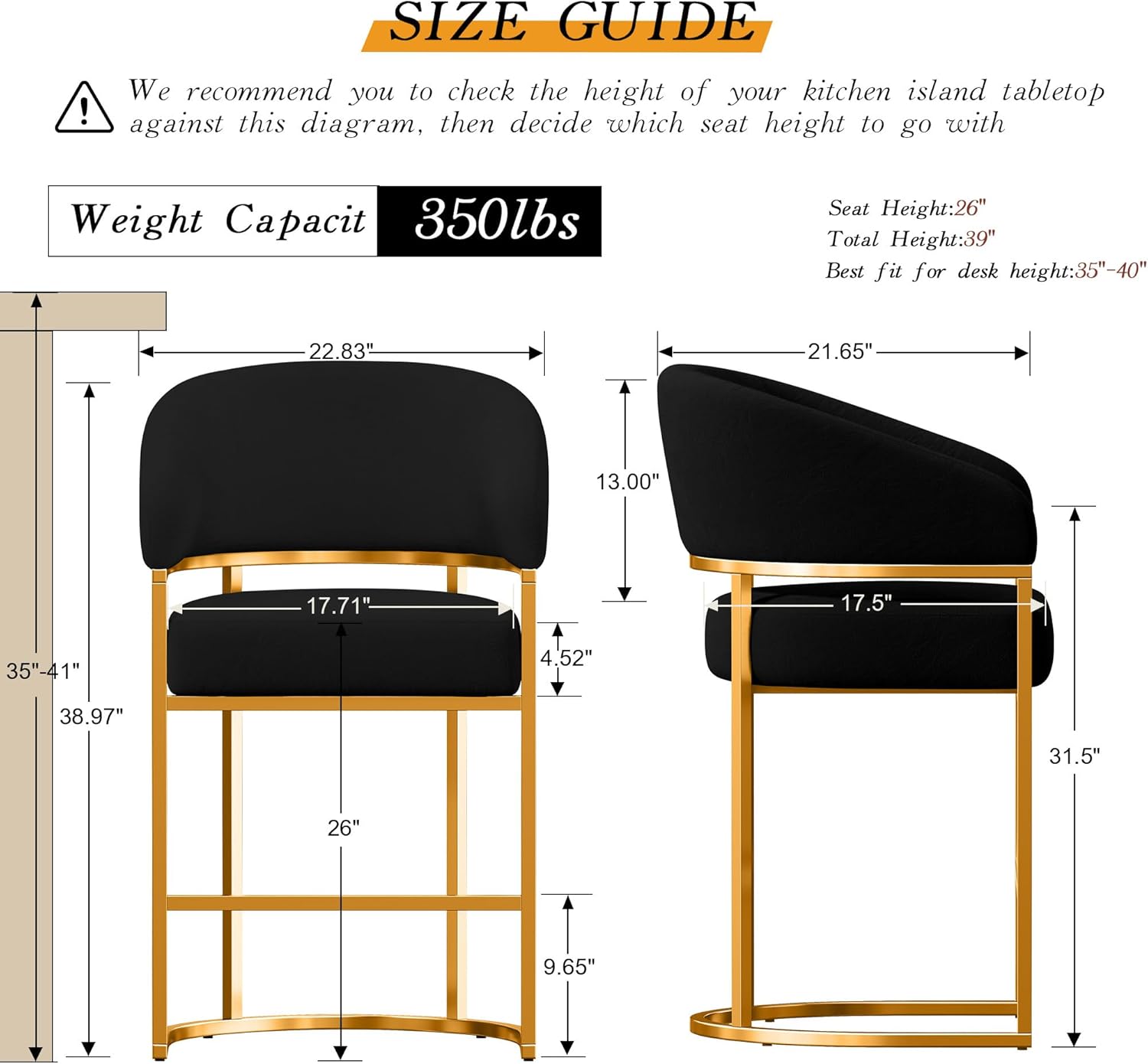 26" Modern Counter Height Bar Stools,Barstools with Arms,Kitchen Island Chairs,Velvet Fabric Upholstered Barrel Bar Stools with Backs,Metal Gold Frames,Black Velvet