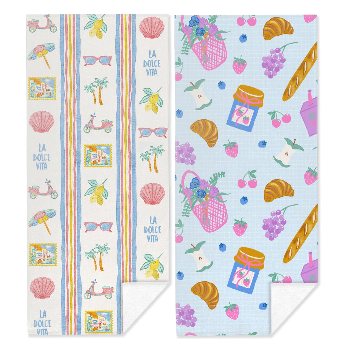 2 Pack Cute Italian Picnic Food Stripe Beach Towel Microfiber Thin Lightweight Quick Dry Oversized Swim Towels Beach Accessories Cruise Vacation