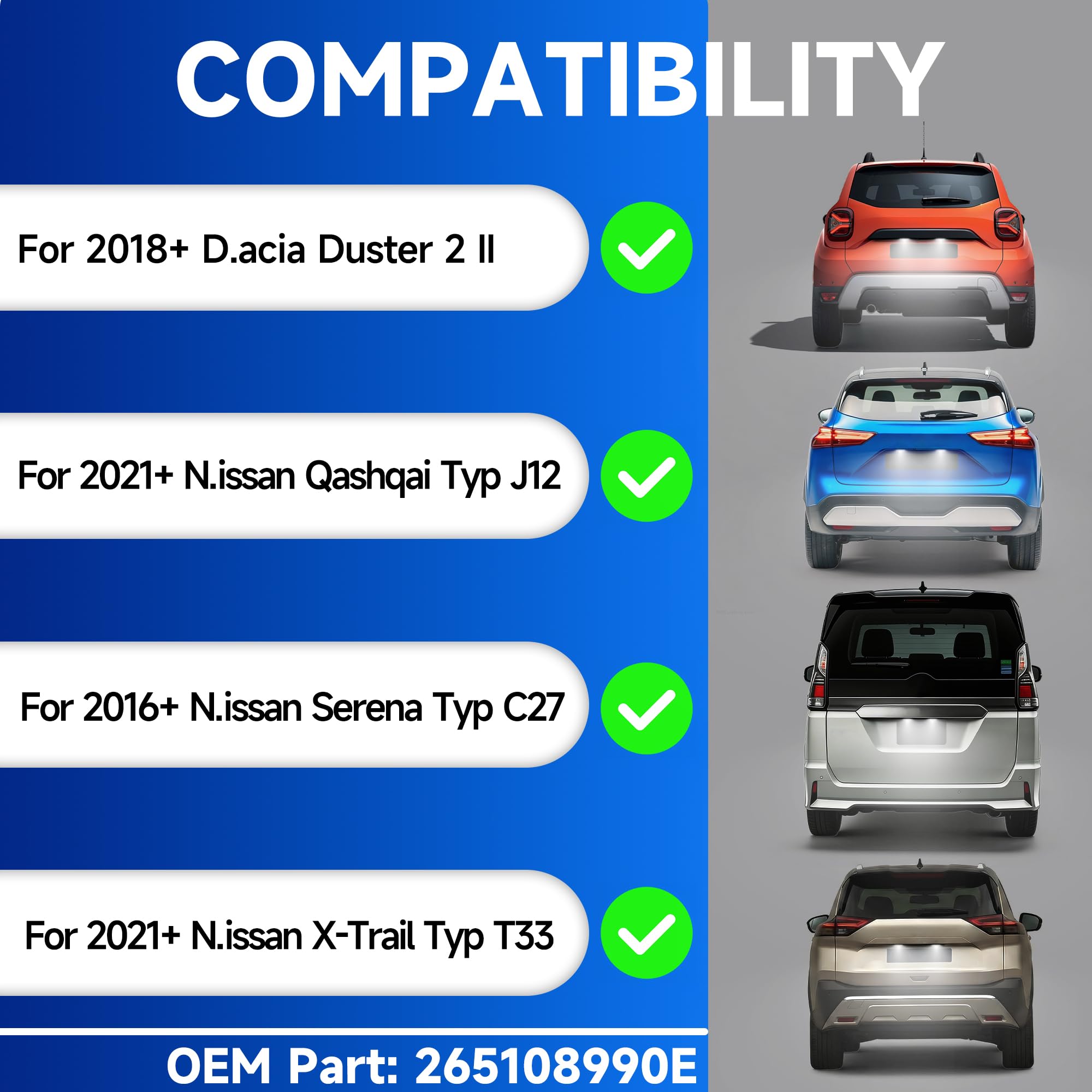 Oświetlenie LED tablicy rejestracyjnej do N-issan Altima 2019 2020 Serena C27 2016 góra Dacia Duster 2018 wzwyż. CANbus SMD Xenon biała lampa etykieta OEM 265108990E