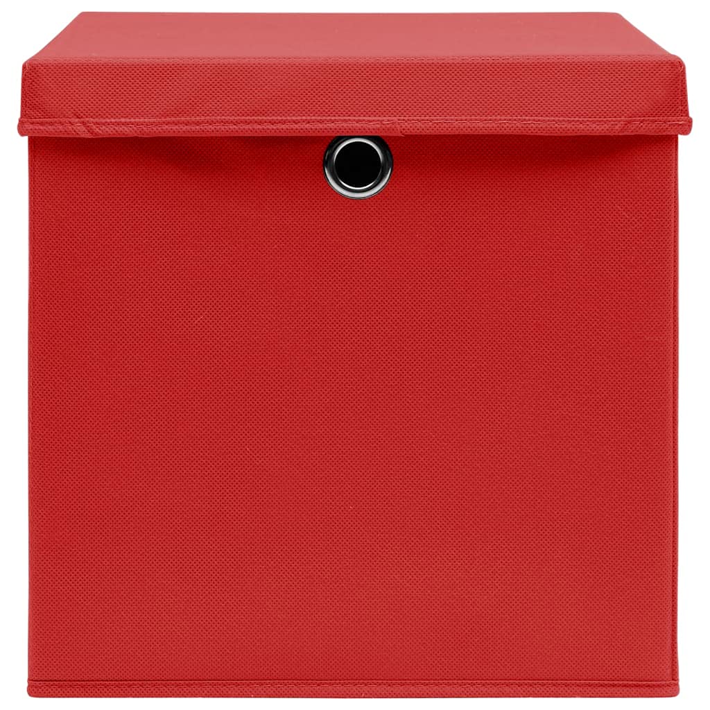 10 scatole portaoggetti pieghevoli in tessuto non tessuto con coperchio, 32 x 32 x 32 cm, rosso, con occhiello in metallo per estrarre facilmente dall'armadio o dallo scaffale