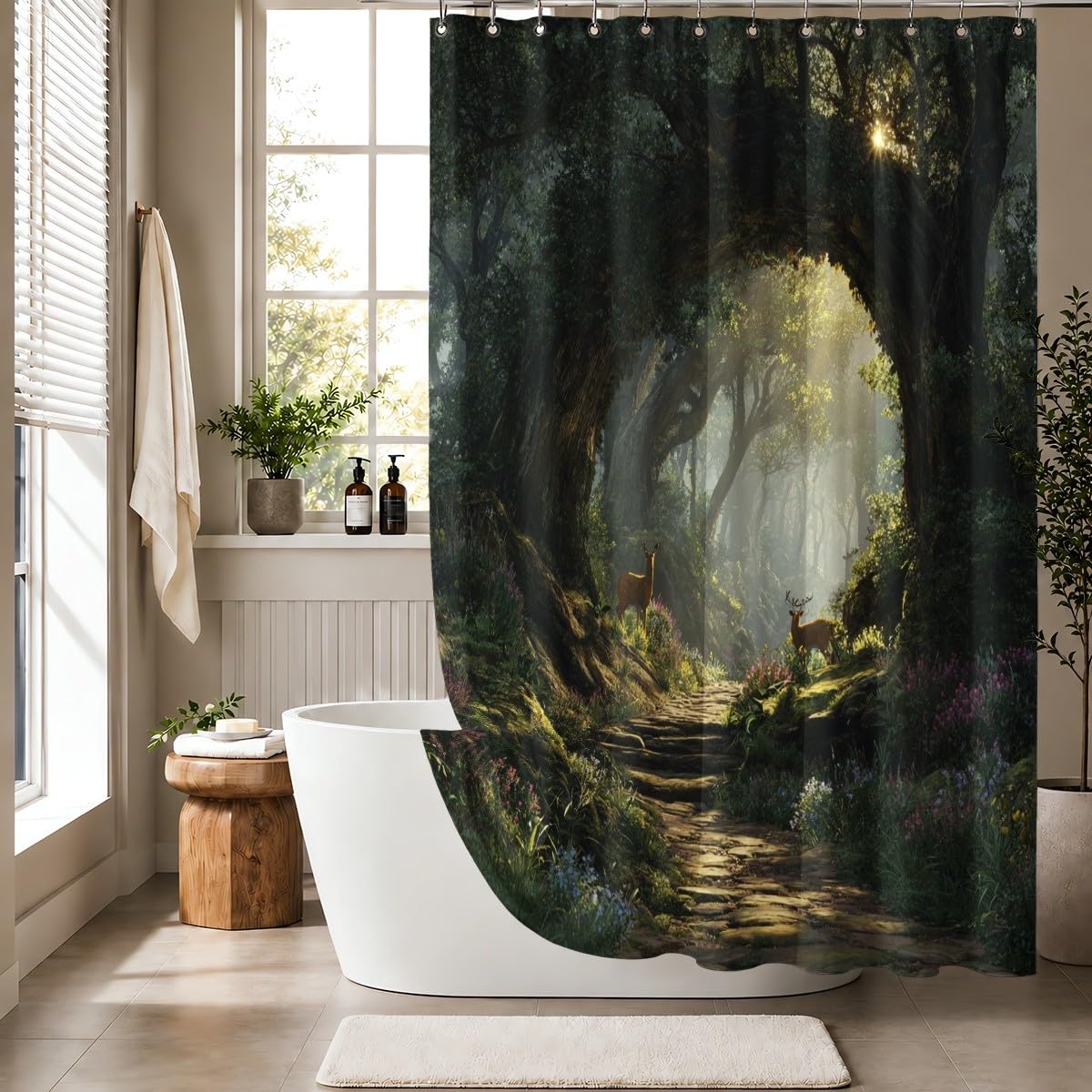 Verde Tenda per Doccia 240x200 cm Impermeabile Antimuffa Poliestere | Fantasia Junglea Regno Segreto Lavabile in Lavatrice Facile da Pulire Asciugatura Rapida con 12 Ganci per Bagno