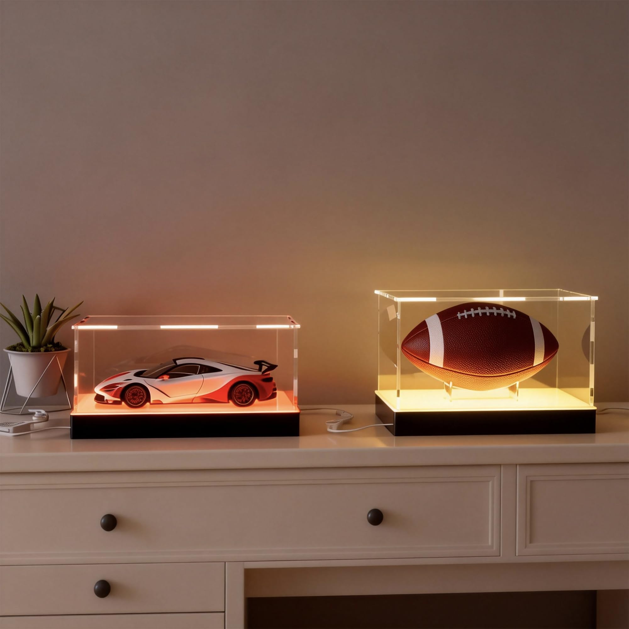 Vetrina luminosa in acrilico con luci LED RGBW, alimentazione USB con pannello interruttori e controllo app, scatola trasparente da collezione per personaggi, bambole, collezionisti e trofei, 20 x 20