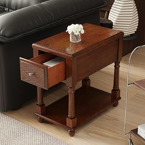 Mesa auxiliar de extremo estrecho con cajón y estante de almacenamiento, mesas de sofá de madera maciza, mesa lateral delgada, teléfono para