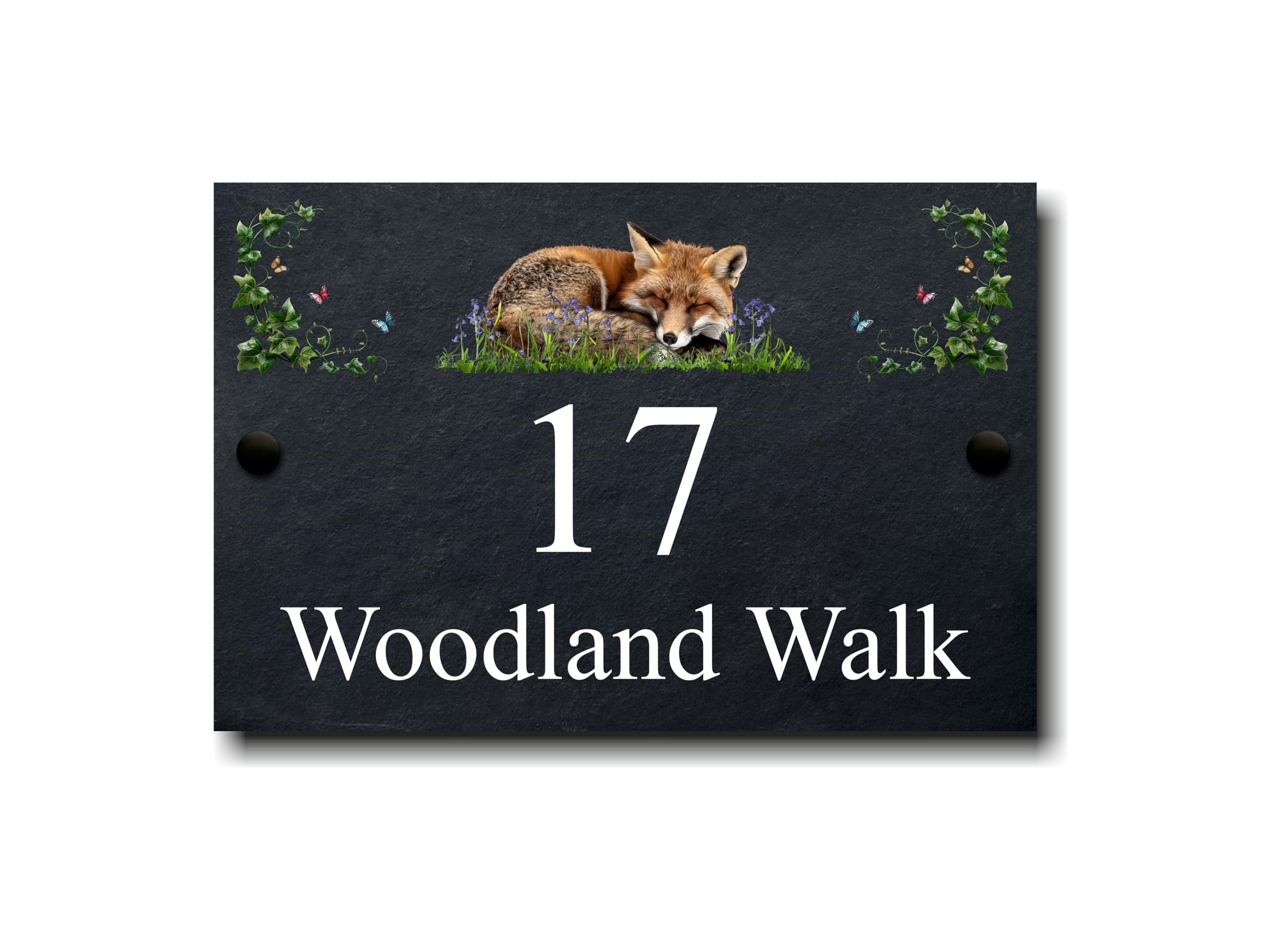Personalised British Wildlife & Bluebells Slate House Sign Pick Your Size - Choose Your Animal - Add Your Wording - Custom House Name or Number – Outdoor Natural Slate Plaque (Grey/Black, 23cm x 17cm)
