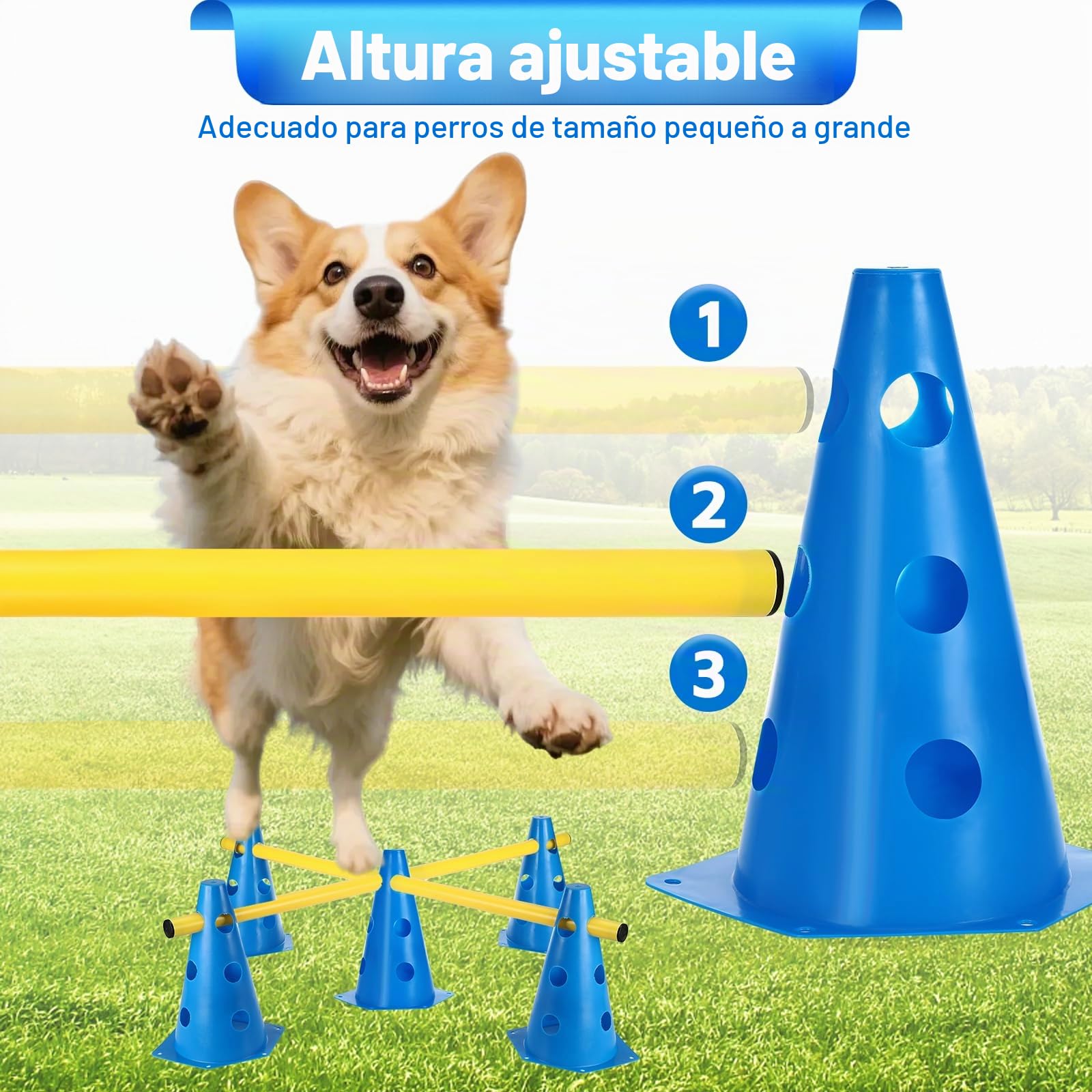 Juego de Agilidad para Perros, 8 Conos (24cm) + 4 Barras (81cm), Juego de Obstáculos Niños, Set de Obstáculos Ajustable en Altura para Entrenamiento Canino, Fútbol y Coordinación