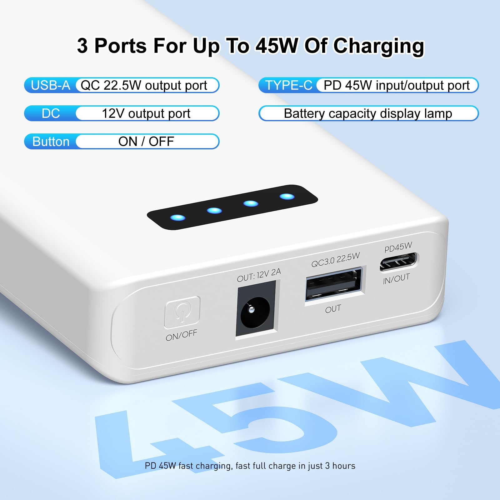 melasta 5200mAh Powerbank, Batterie Externe 12v avec Port 3 en 1, PD 45W USB-C Port de Charge Rapide | 12V/2A DC Port | QC3,0 22,5W USB-A Port, Batterie Externe Rechargeable pour Téléphones Portables