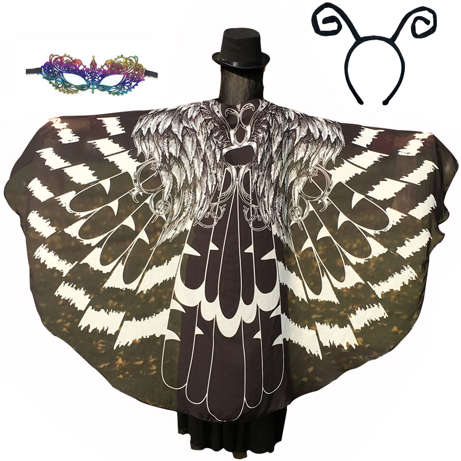 GRAJTCIN Butterfly Wings Shawl for Womens Halloween Fairy Bird Costume Cape Party with Antennas Headband Mask Adult (Black) โ image 1