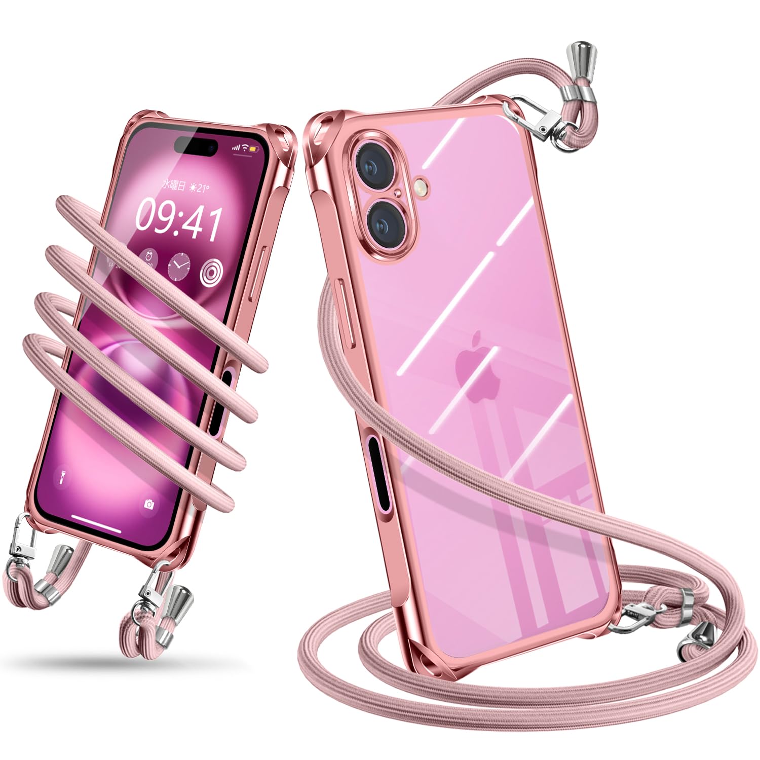 iPhone 16 ケース ショルダー クリア iPhone16 スマホケース アイフォン16 カバー 肩掛け 斜めかけ 縄掛けケース 耐衝撃 透明 TPU 薄型 軽量 携帯ケース 紐付き 斜めがけ 織りストラップ付き ネックストラップ 長さ調整可能 取り外し可能 落下防止 紛失防止 ワイヤレス充電対応 (ローズゴールド)